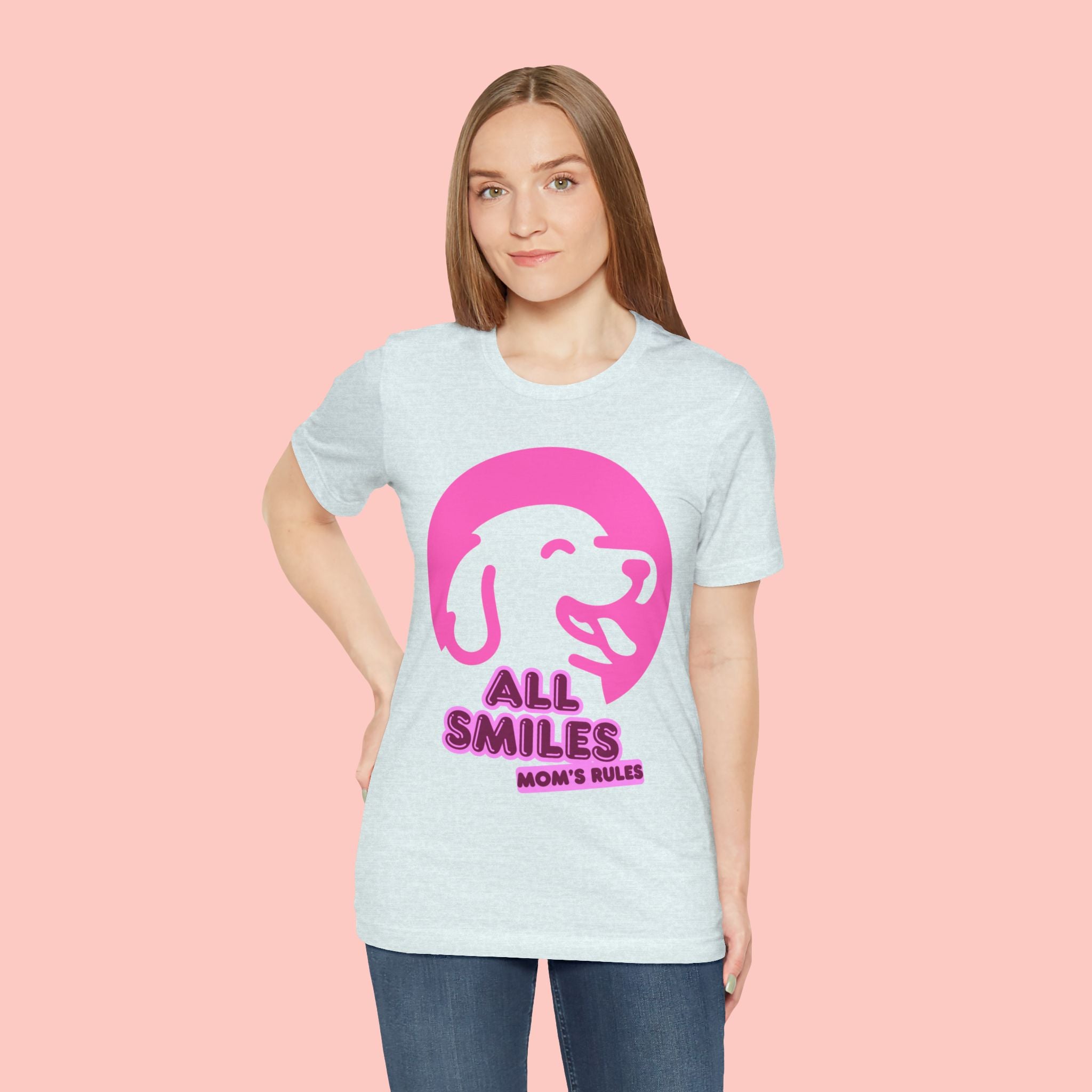 All Smiles Mom's Rules T-Shirt — Cute Pink Dog Graphic Tee for Moms & Pet Lovers