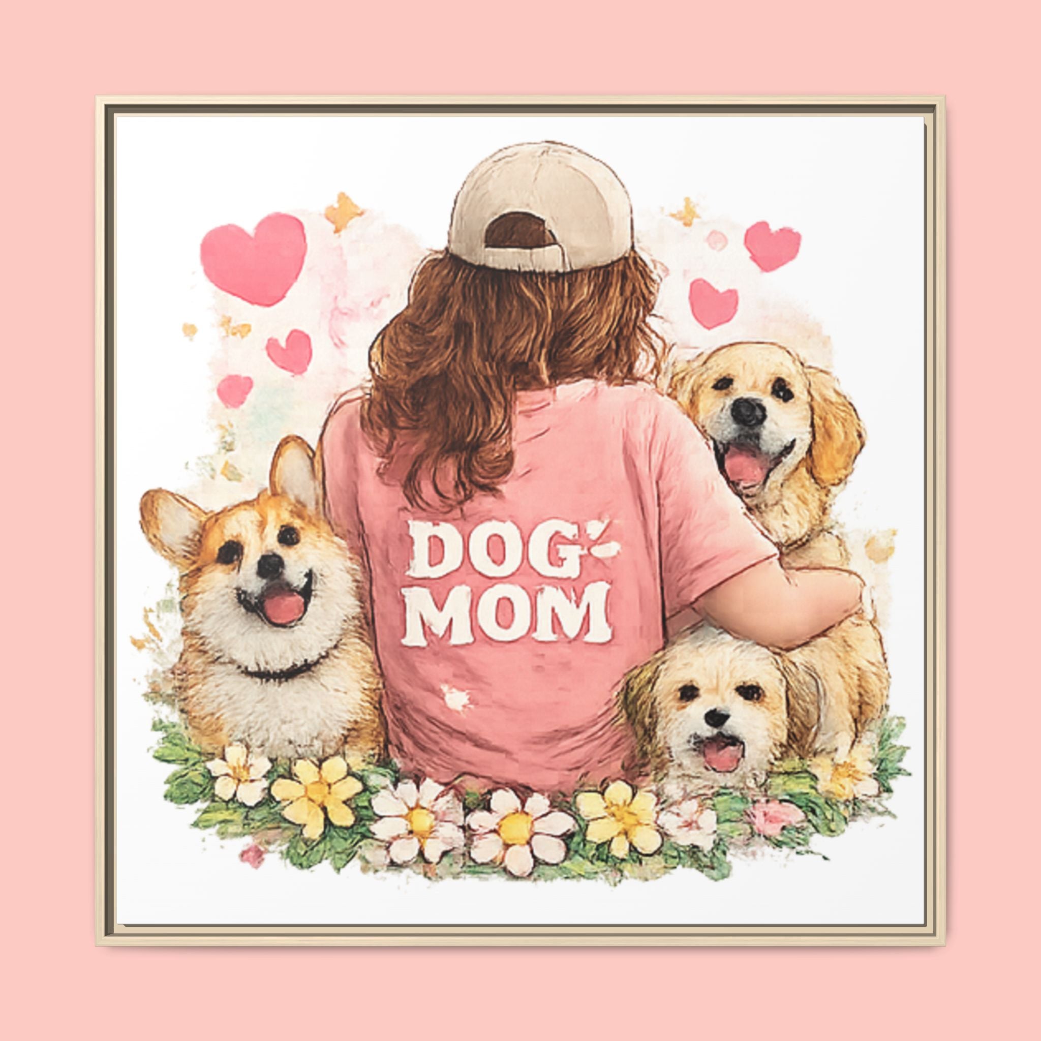 Dog Mom Canvas Print — Framed Matte Wall Art with Cute Dogs & Hearts
