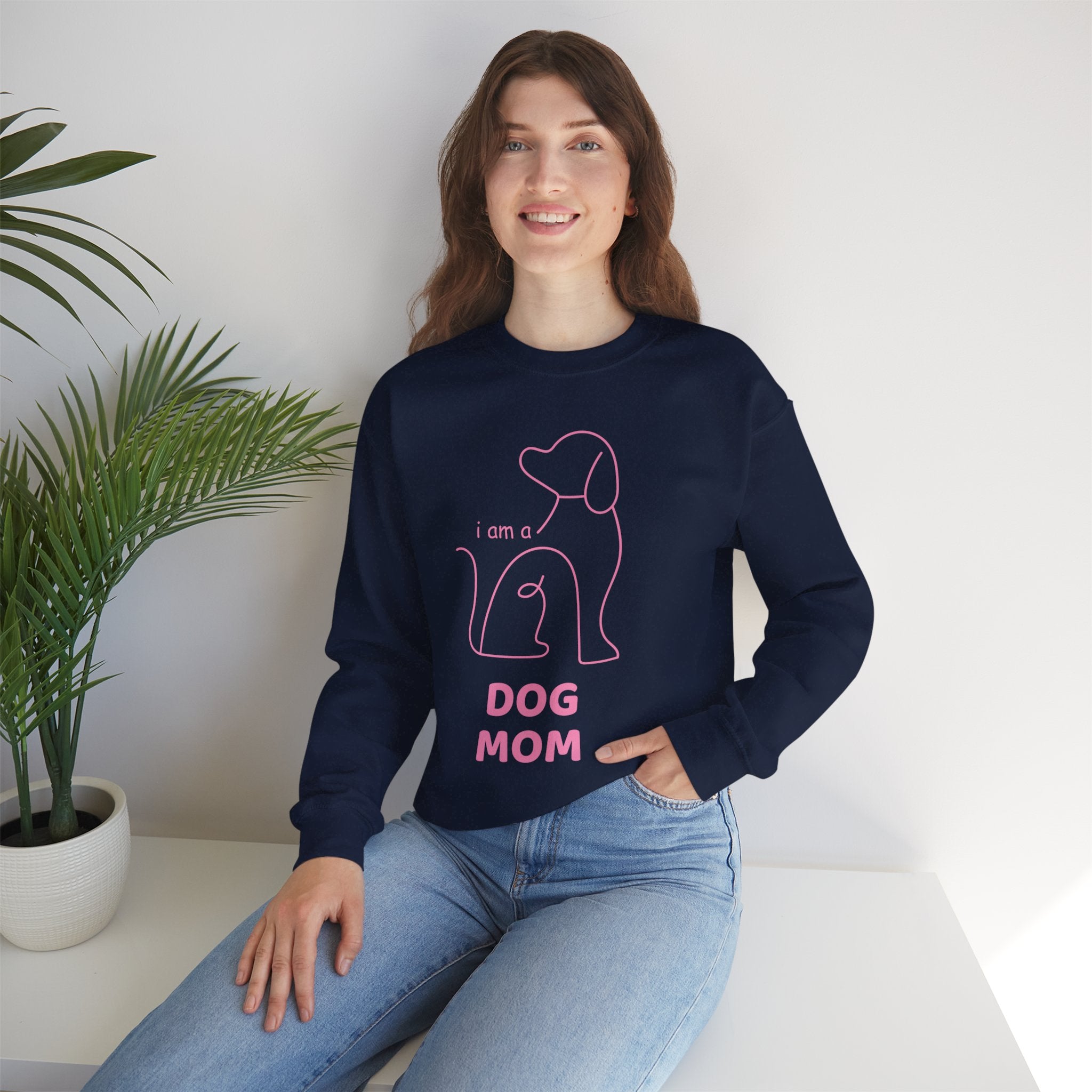 Dog Mom Crewneck Sweatshirt — "I am a Dog Mom" Minimal Line Art Pullover