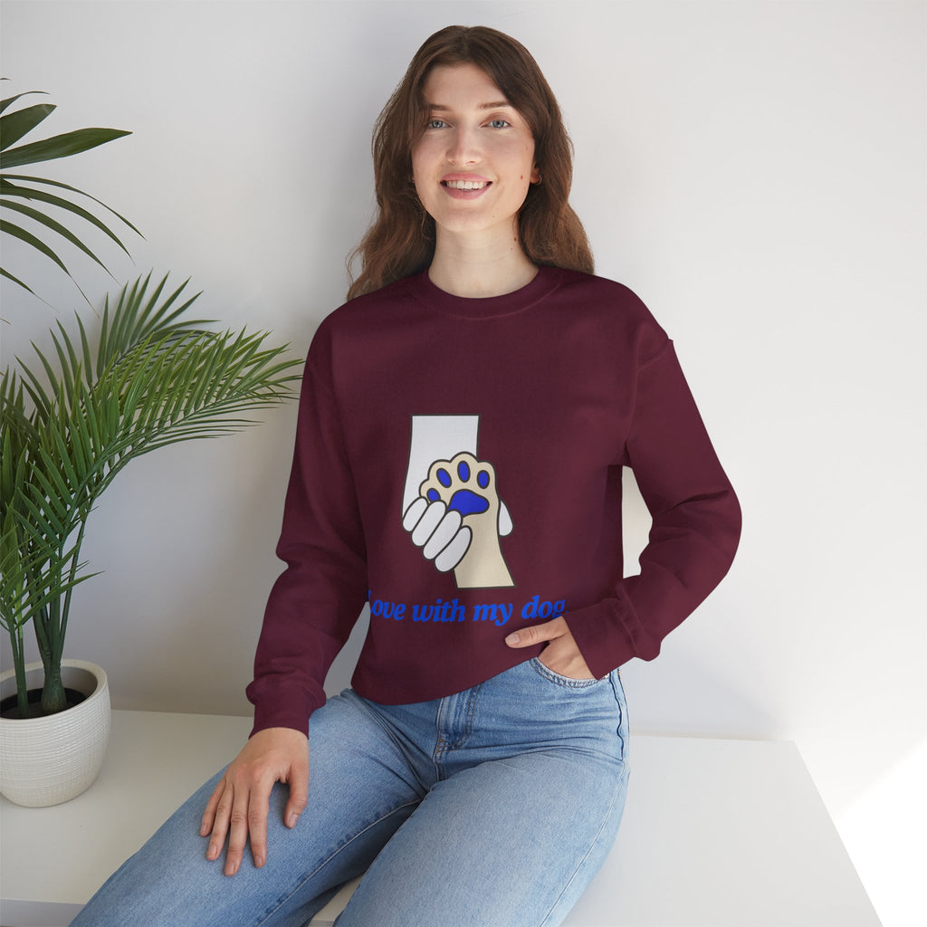 Dog Lover Crewneck Sweatshirt — "Love with my dog." Paw & Hold Graphic