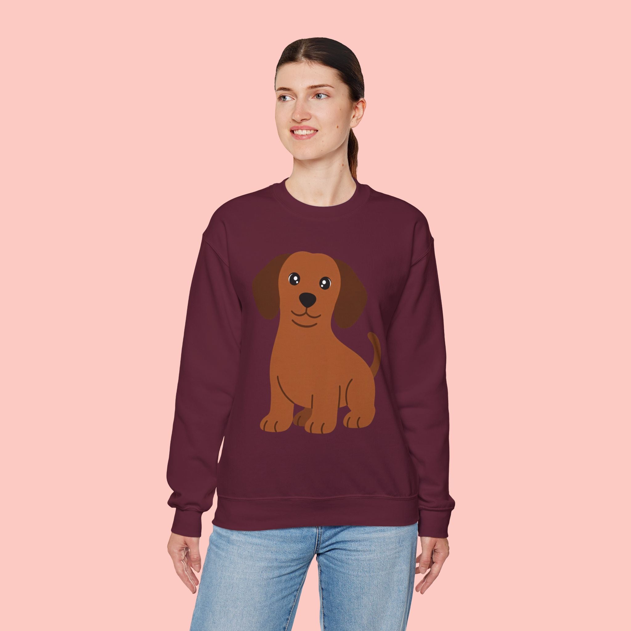 Cute Brown Puppy Sweatshirt — Cartoon Dachshund Crewneck for Dog Lovers