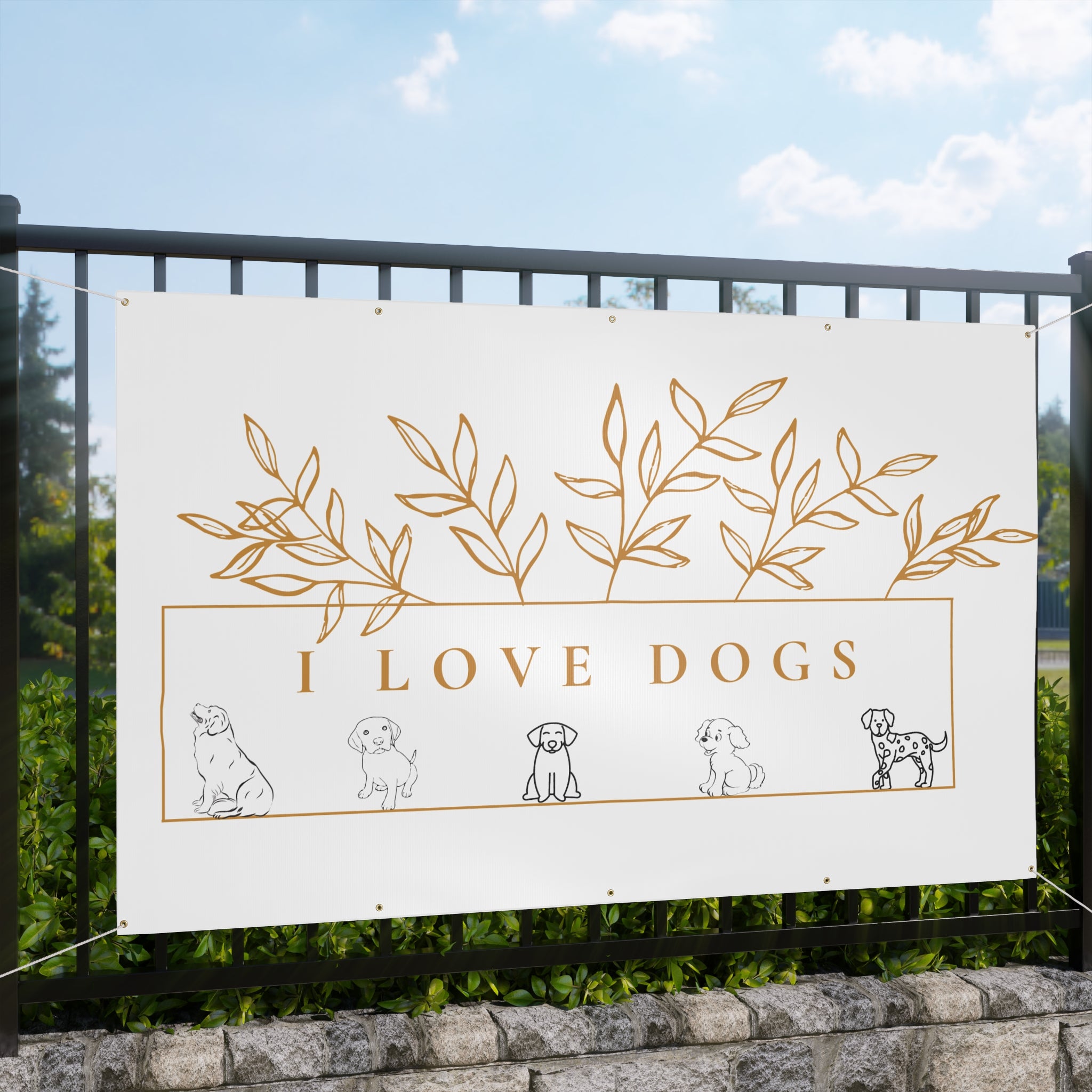 Matte Banner — I Love Dogs Decorative Outdoor/Indoor Sign with Gold Leaf Illustration