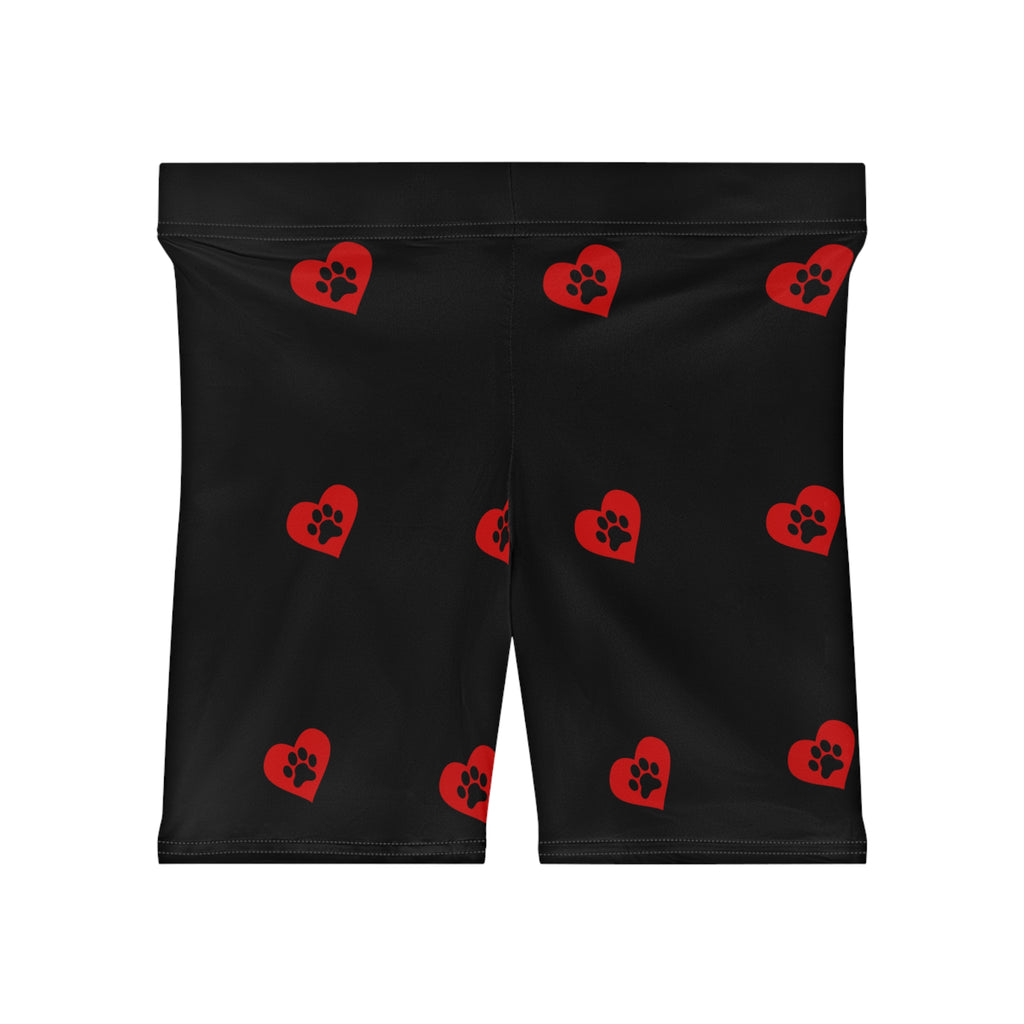 Biker Shorts — Black Red Paw-Print Heart Pattern