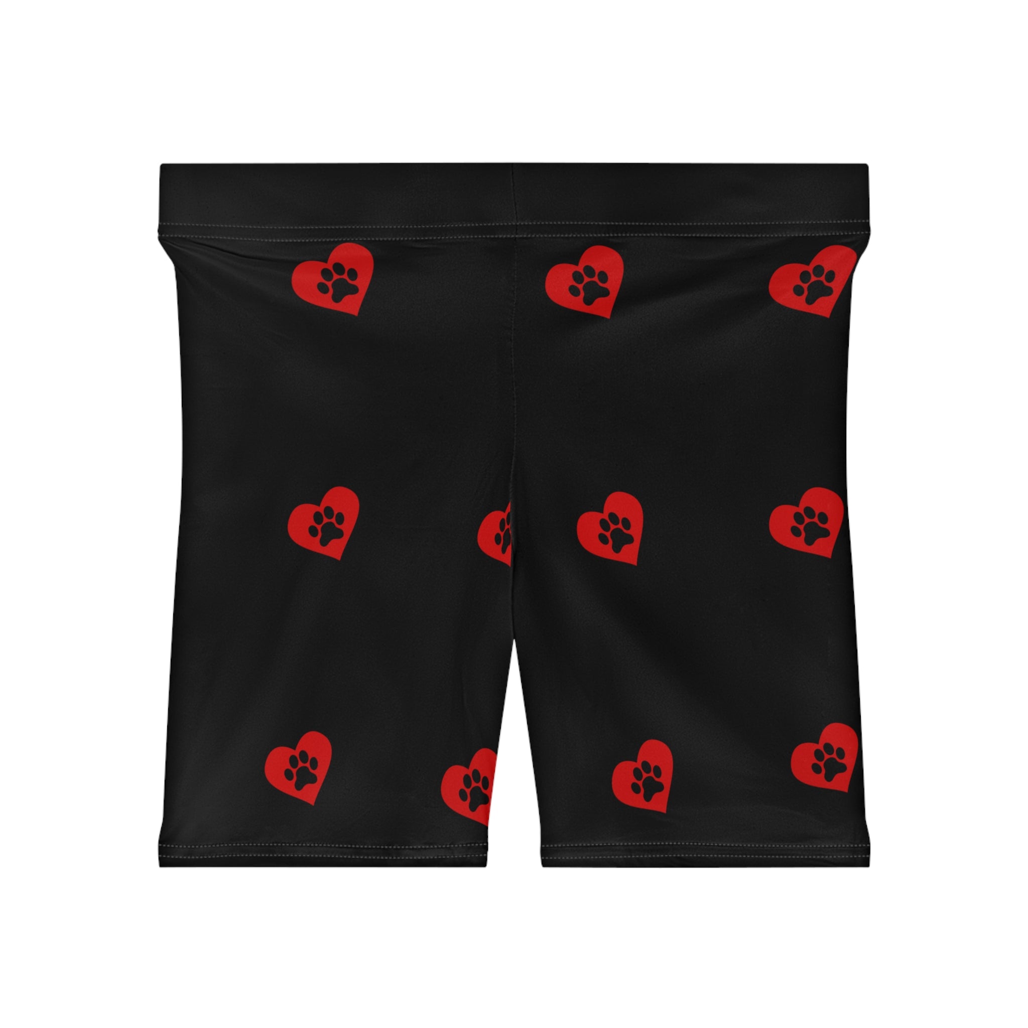 Biker Shorts — Black Red Paw-Print Heart Pattern