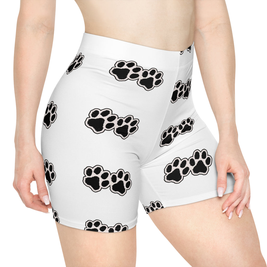Paw Print Biker Shorts — Women's White Pet Lover Activewear