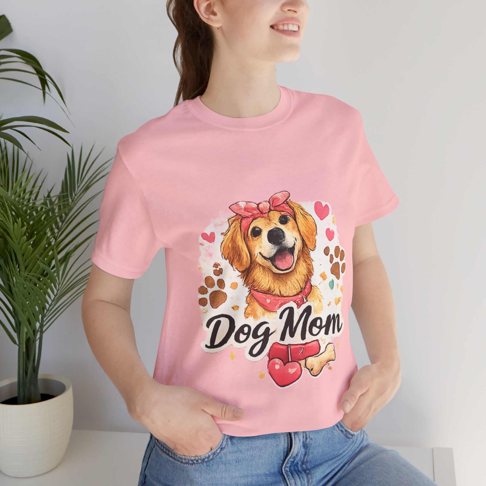 Dog Mom T-Shirt – Cute Golden Retriever Design with Hearts & Paw Prints