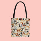 Dog Paw & Bone Pattern Tote Bag — 'Woof' All-Over Print Canvas Tote