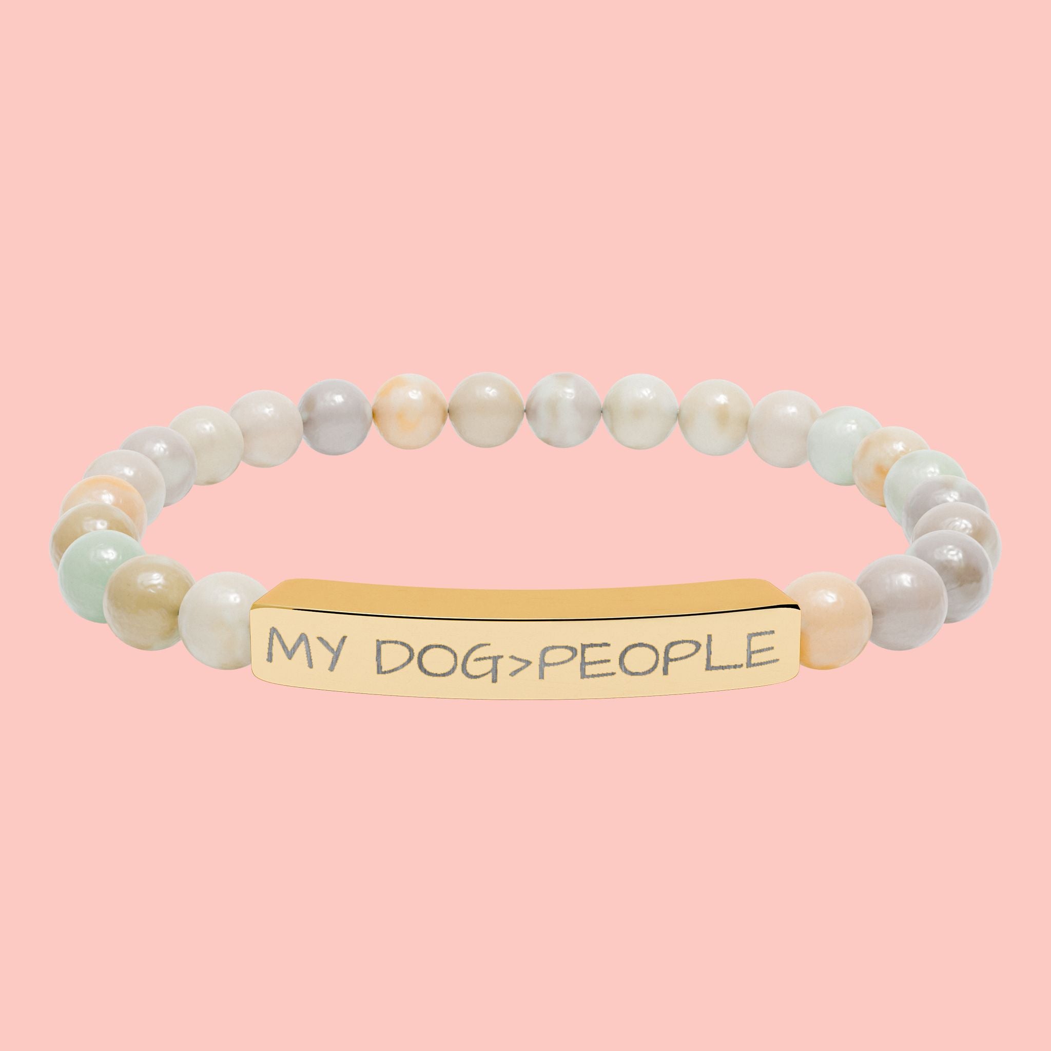 Engraved Natural Stone Bar Bracelet — "My Dog = People" Stretch Bracelet
