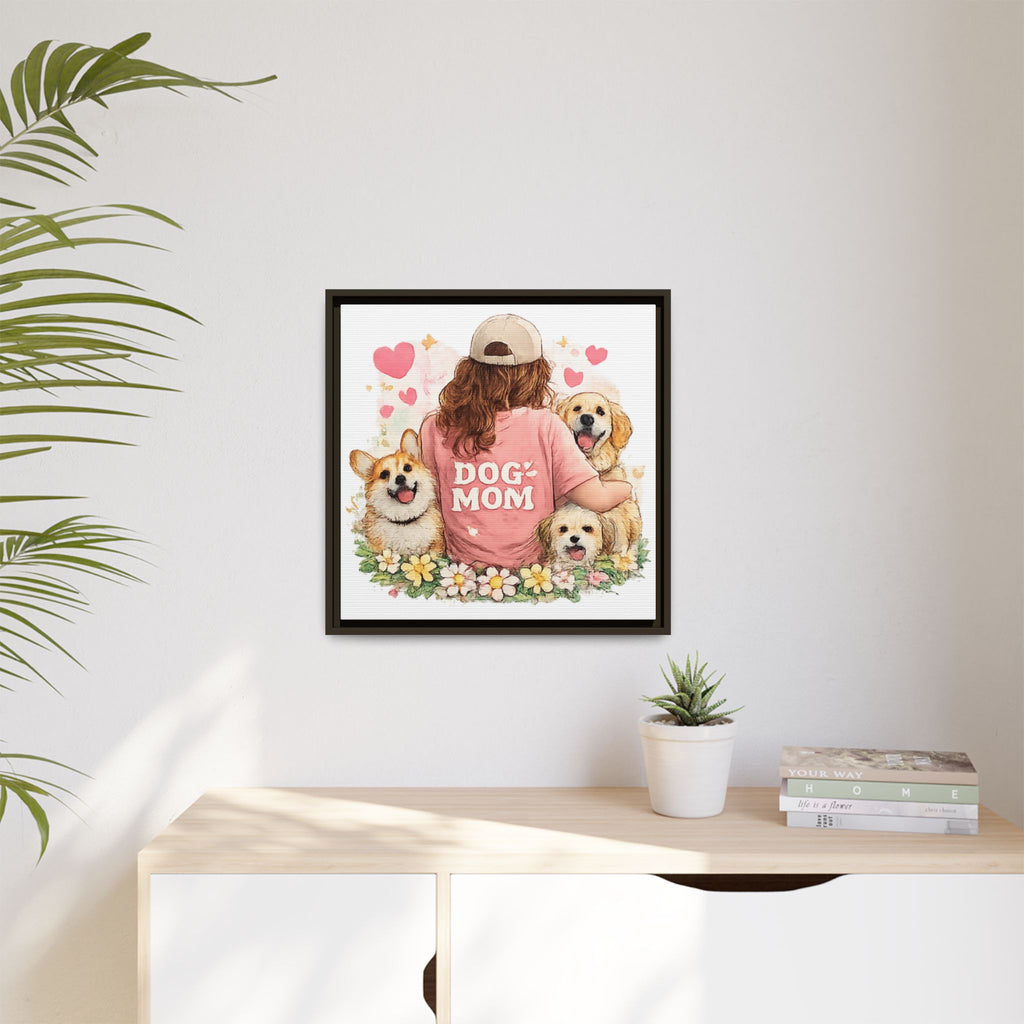 Dog Mom Canvas Print — Framed Matte Wall Art with Cute Dogs & Hearts