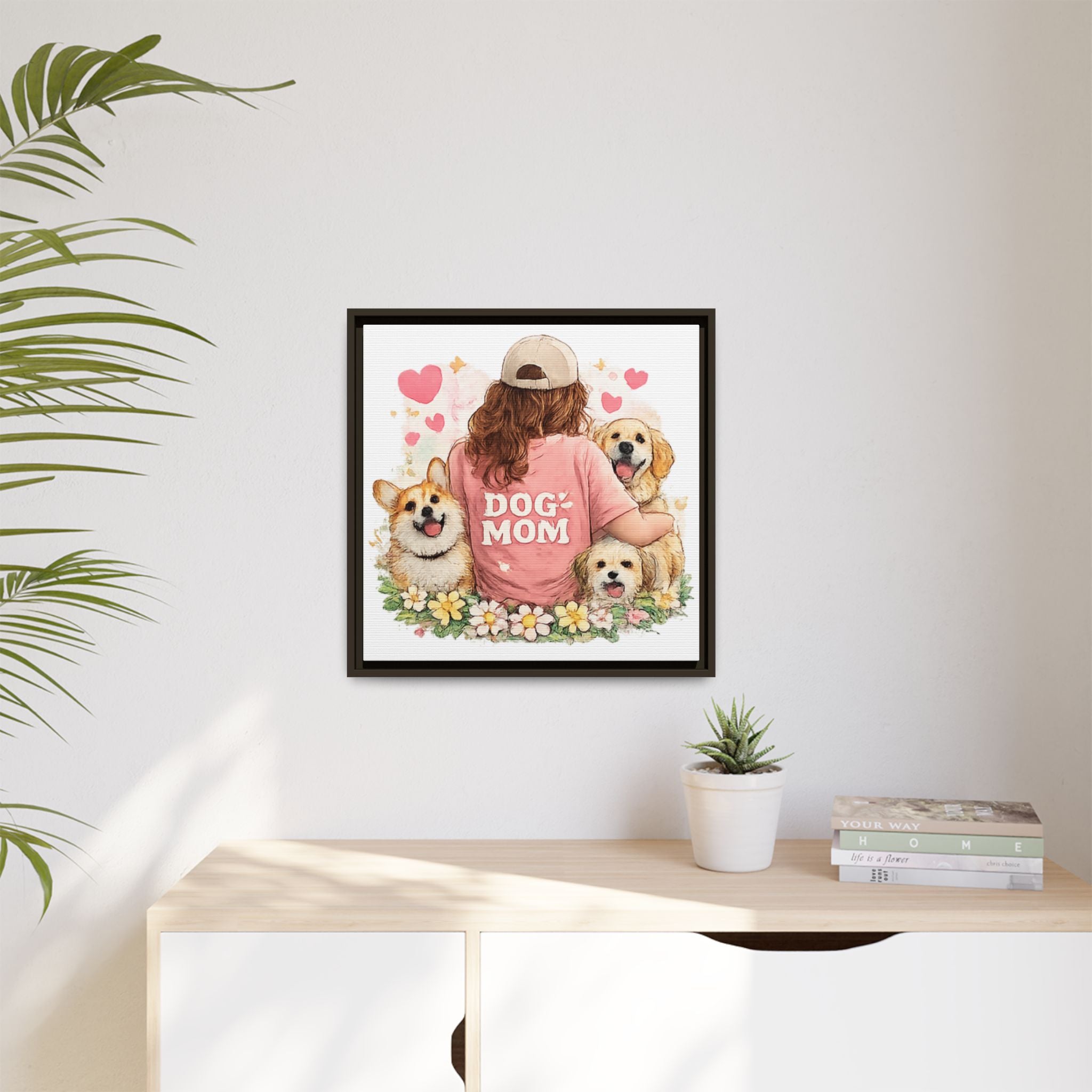 Dog Mom Canvas Print — Framed Matte Wall Art with Cute Dogs & Hearts