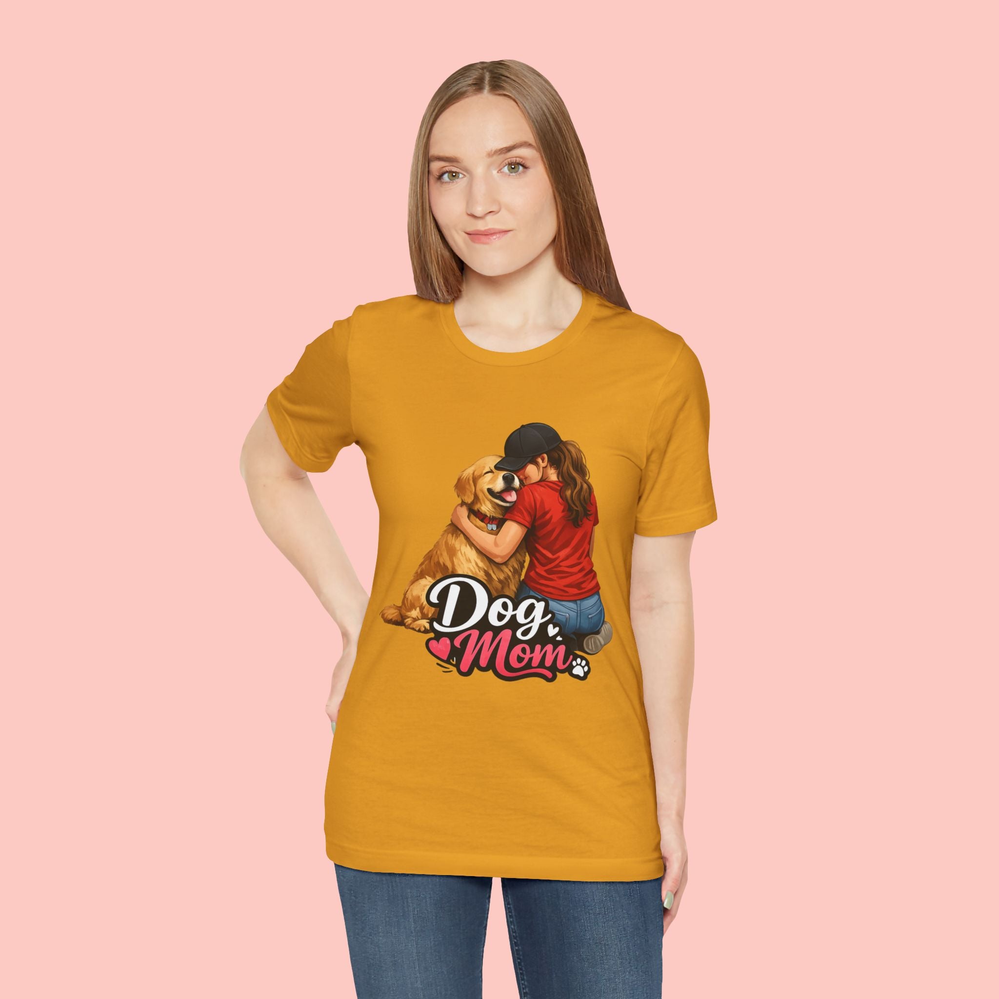 Dog Mom T-Shirt - Cute Woman Hugging Golden Retriever Tee