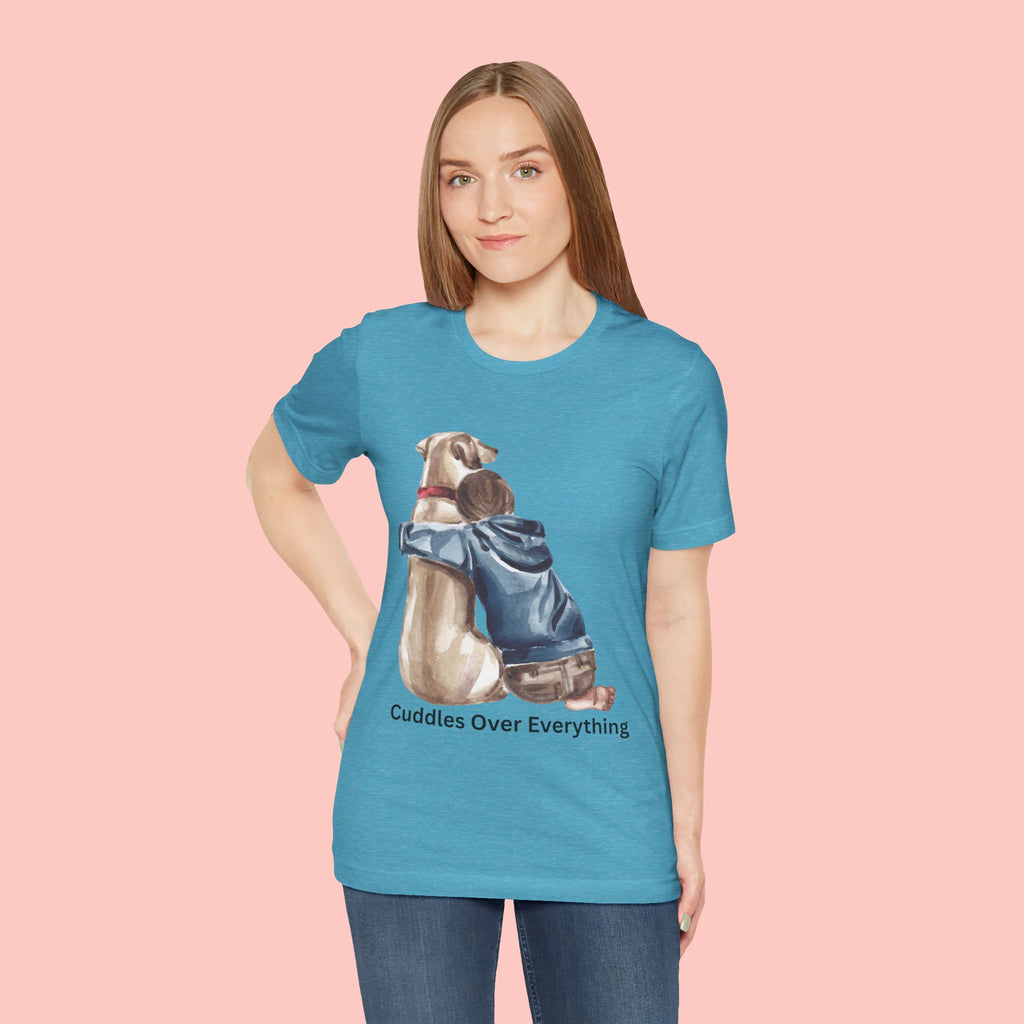 Cuddles Over Everything Tee — Boy Hugging Dog Animal Lover T-Shirt