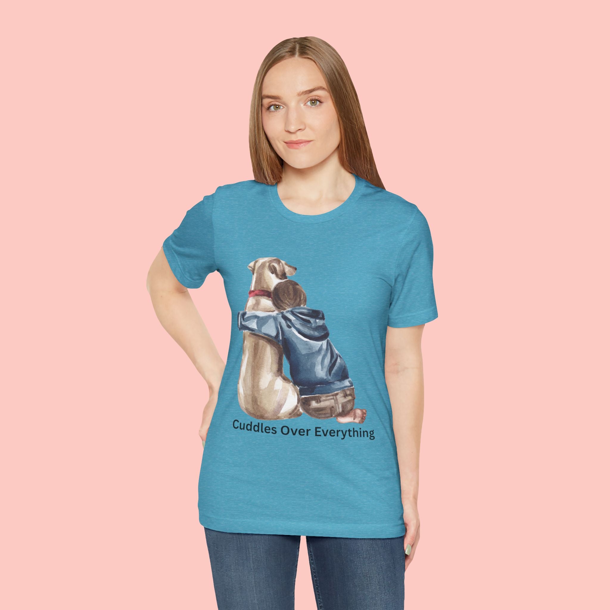 Cuddles Over Everything Tee — Boy Hugging Dog Animal Lover T-Shirt