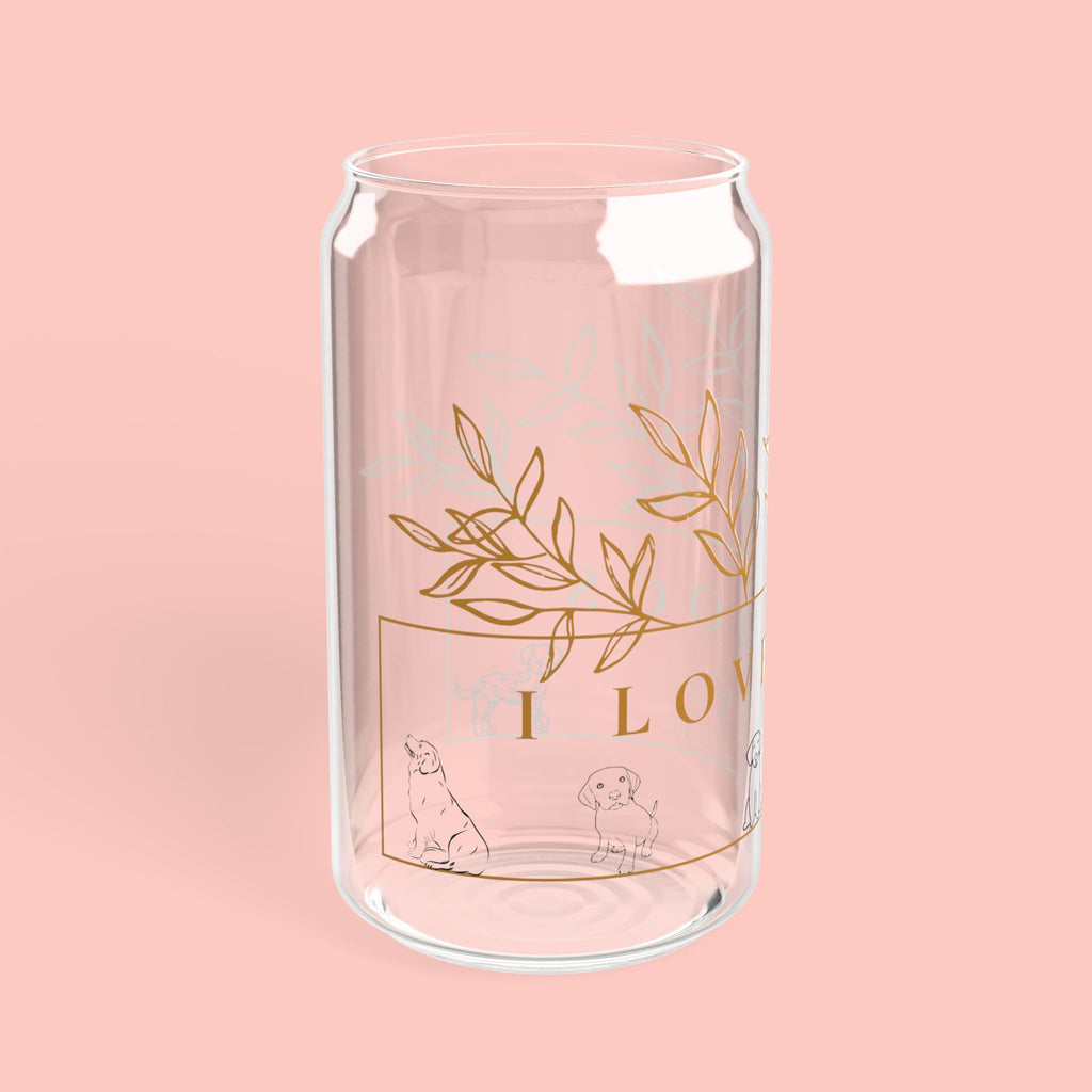 16oz Glass Sipper Tumbler — “Love Dogs” Botanical Design with Bamboo Lid & Straw