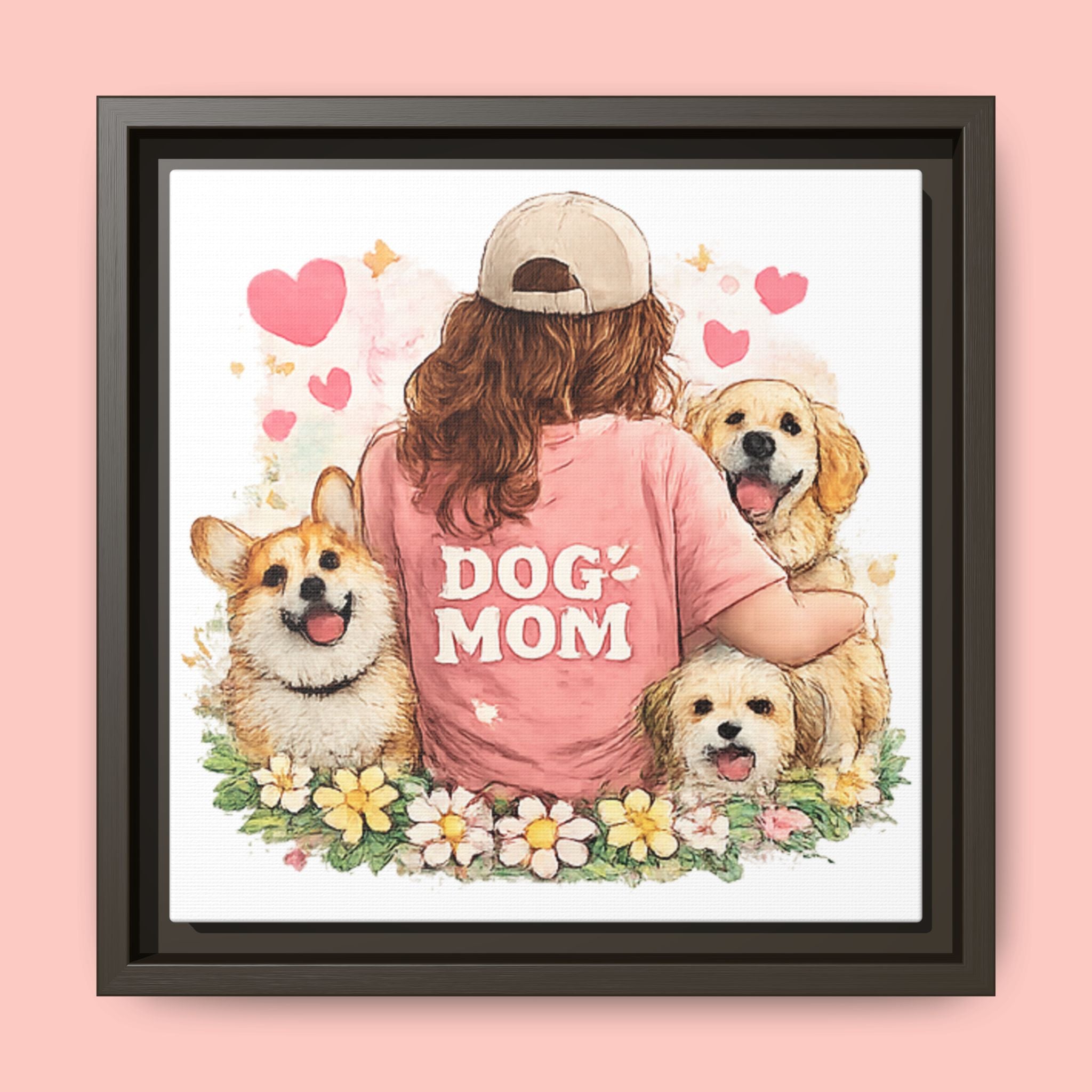 Dog Mom Canvas Print — Framed Matte Wall Art with Cute Dogs & Hearts