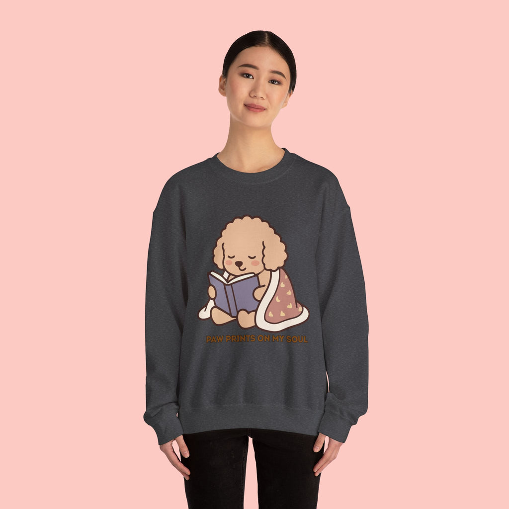 Cozy Reading Puppy Sweatshirt — "Paw Prints On My Soul" Crewneck