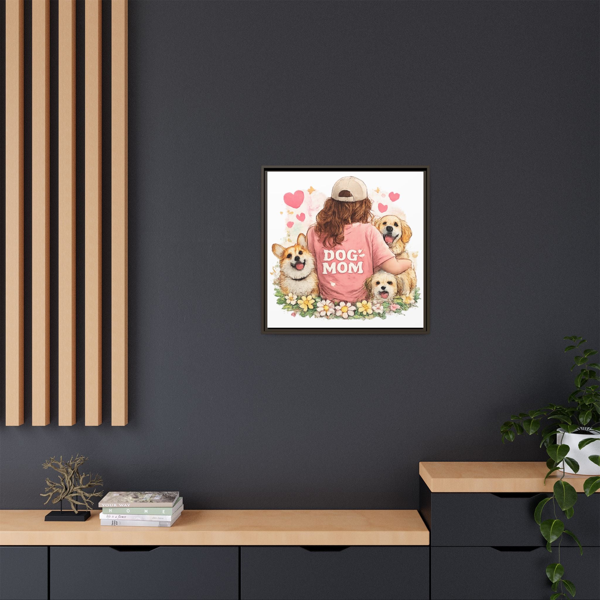 Dog Mom Canvas Print — Framed Matte Wall Art with Cute Dogs & Hearts