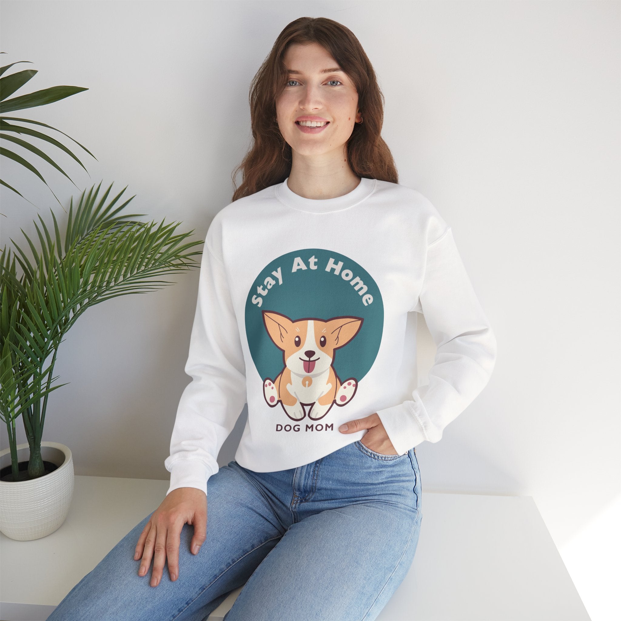Stay At Home Dog Mom Crewneck Sweatshirt — Cute Corgi Graphic Sweatshirt