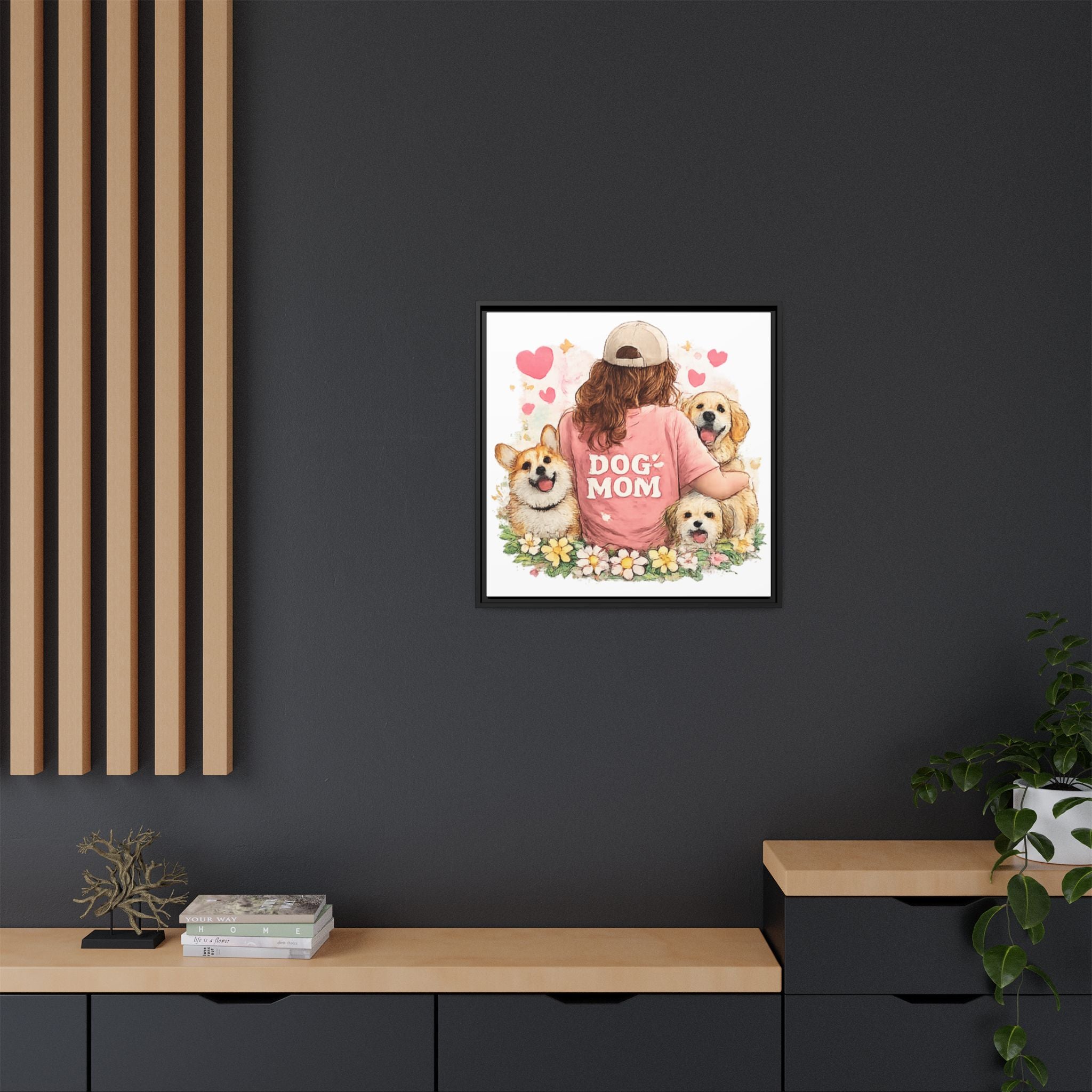 Dog Mom Canvas Print — Framed Matte Wall Art with Cute Dogs & Hearts