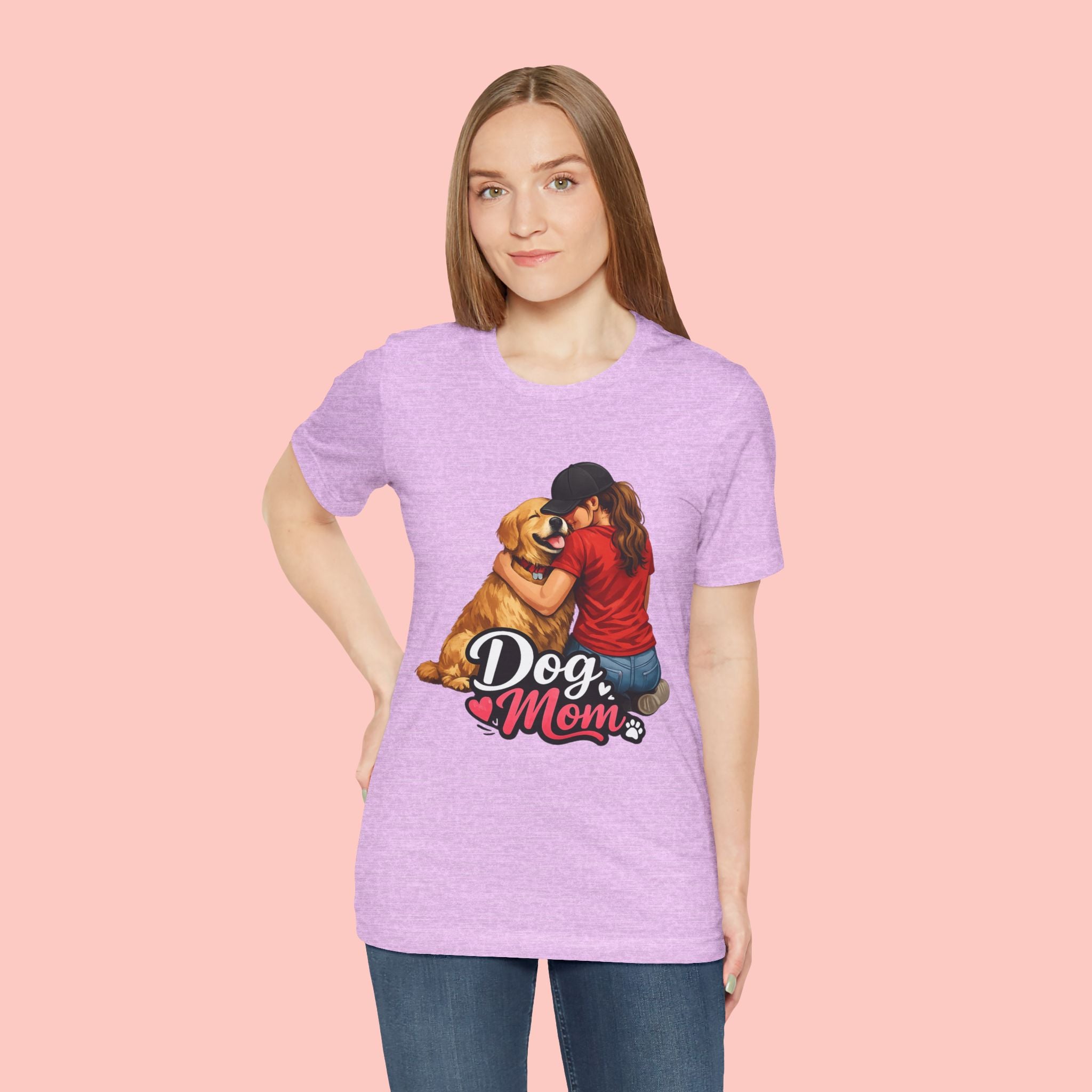 Dog Mom T-Shirt - Cute Woman Hugging Golden Retriever Tee