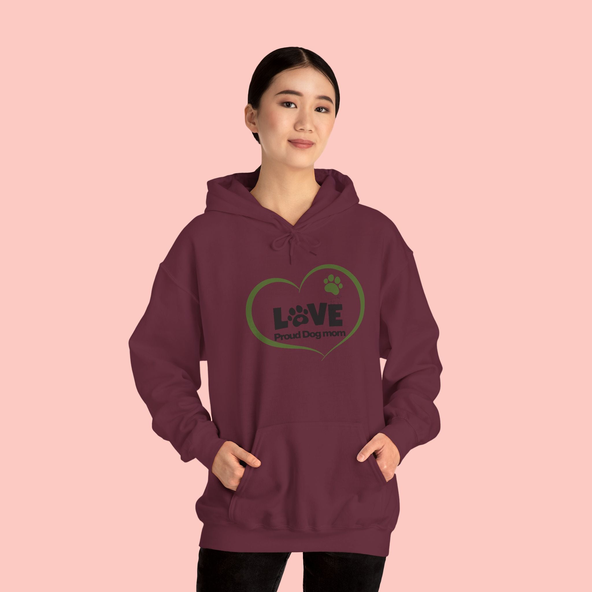 Dog Mom Heart Hoodie – "Love Proud Dog Mom" Paw Print Sweatshirt
