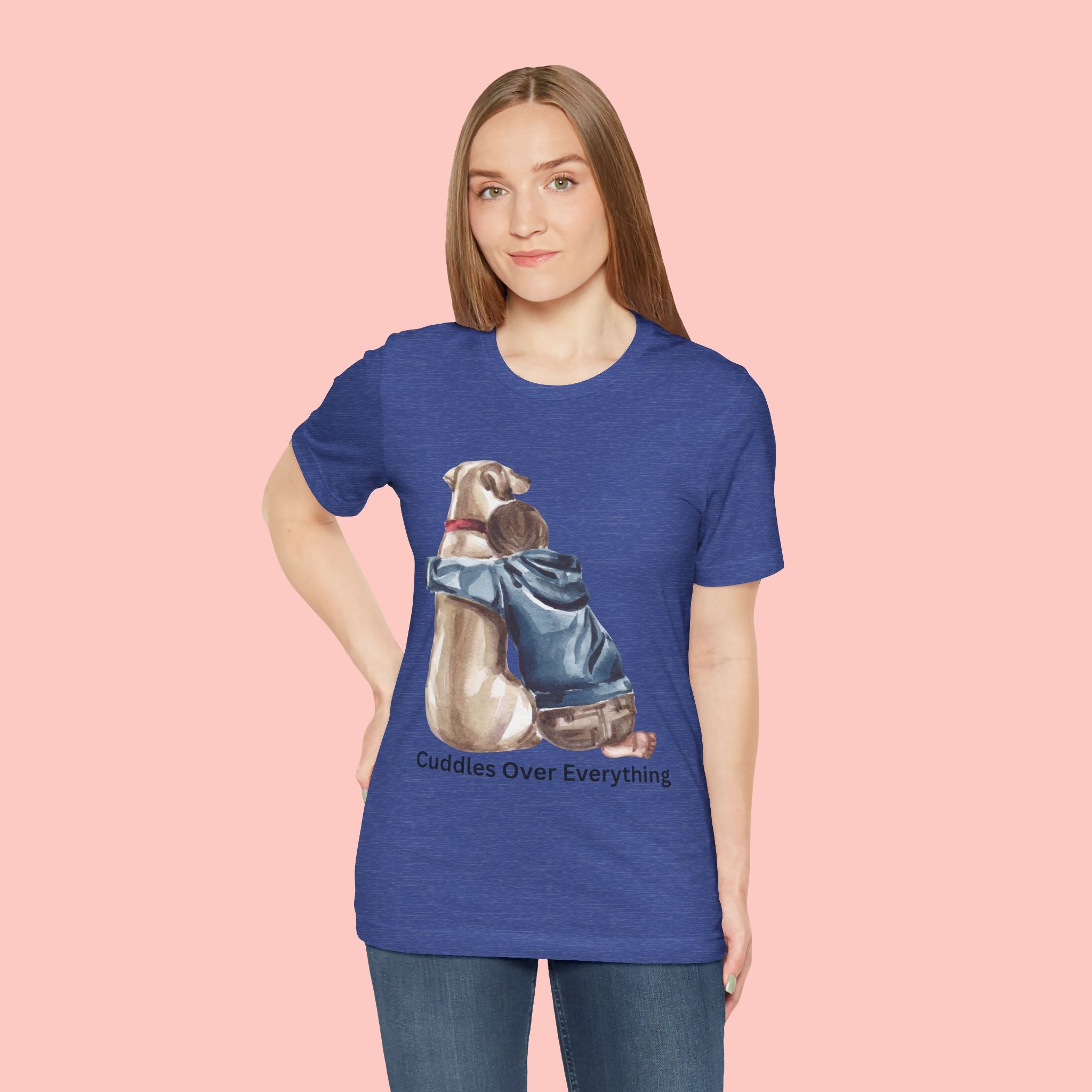 Cuddles Over Everything Tee — Boy Hugging Dog Animal Lover T-Shirt
