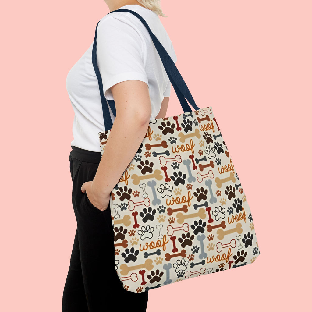 Dog Paw & Bone Pattern Tote Bag — 'Woof' All-Over Print Canvas Tote