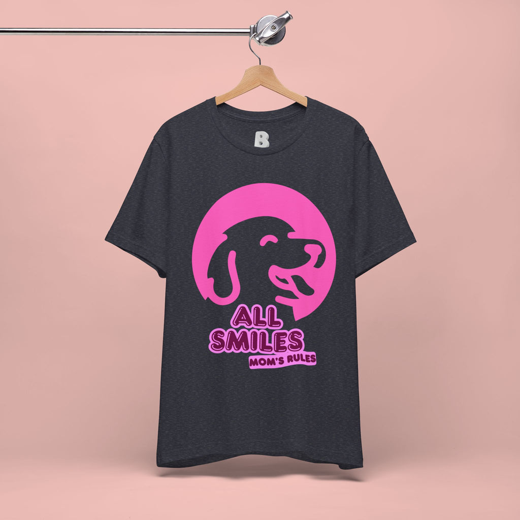 All Smiles Mom's Rules T-Shirt — Cute Pink Dog Graphic Tee for Moms & Pet Lovers