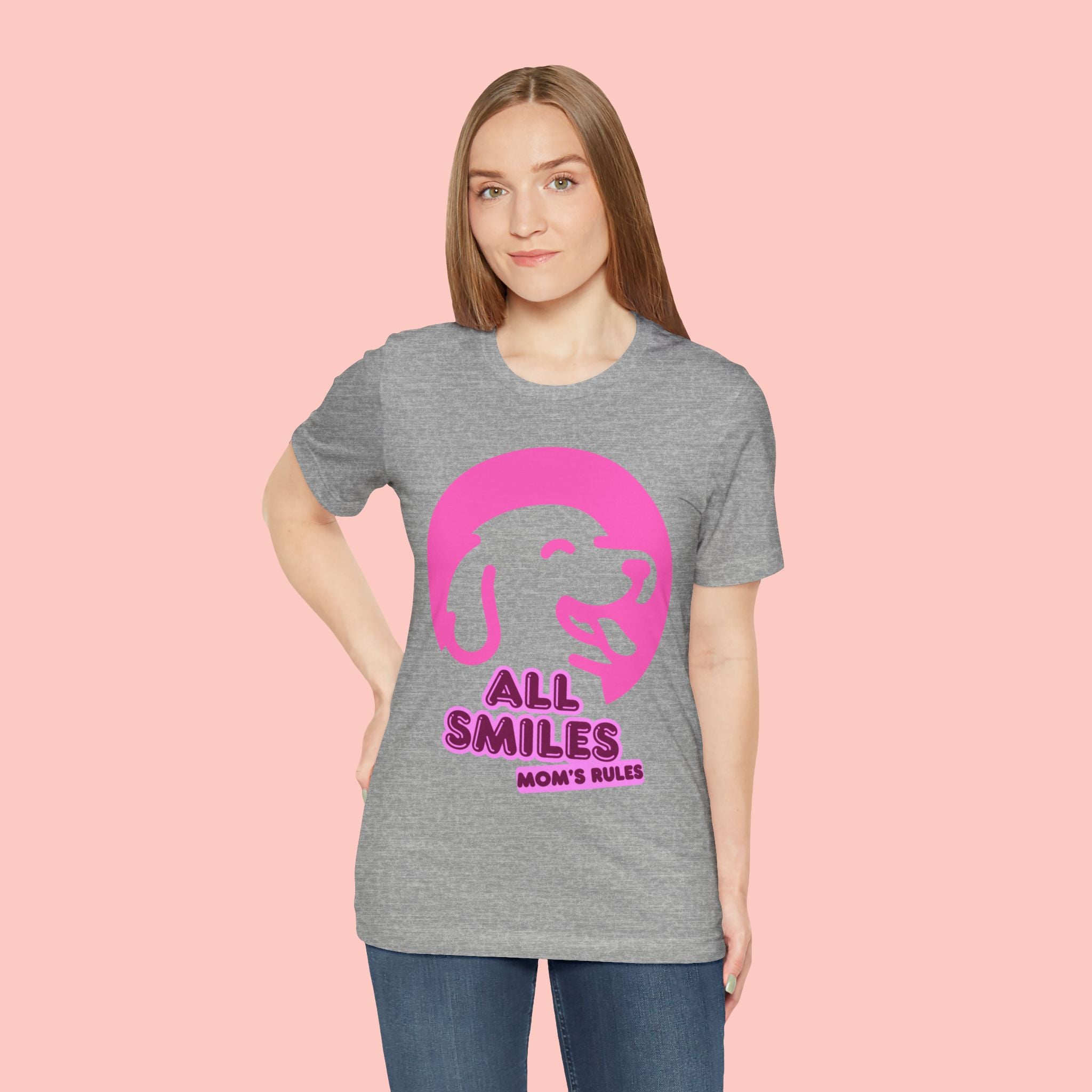 All Smiles Mom's Rules T-Shirt — Cute Pink Dog Graphic Tee for Moms & Pet Lovers