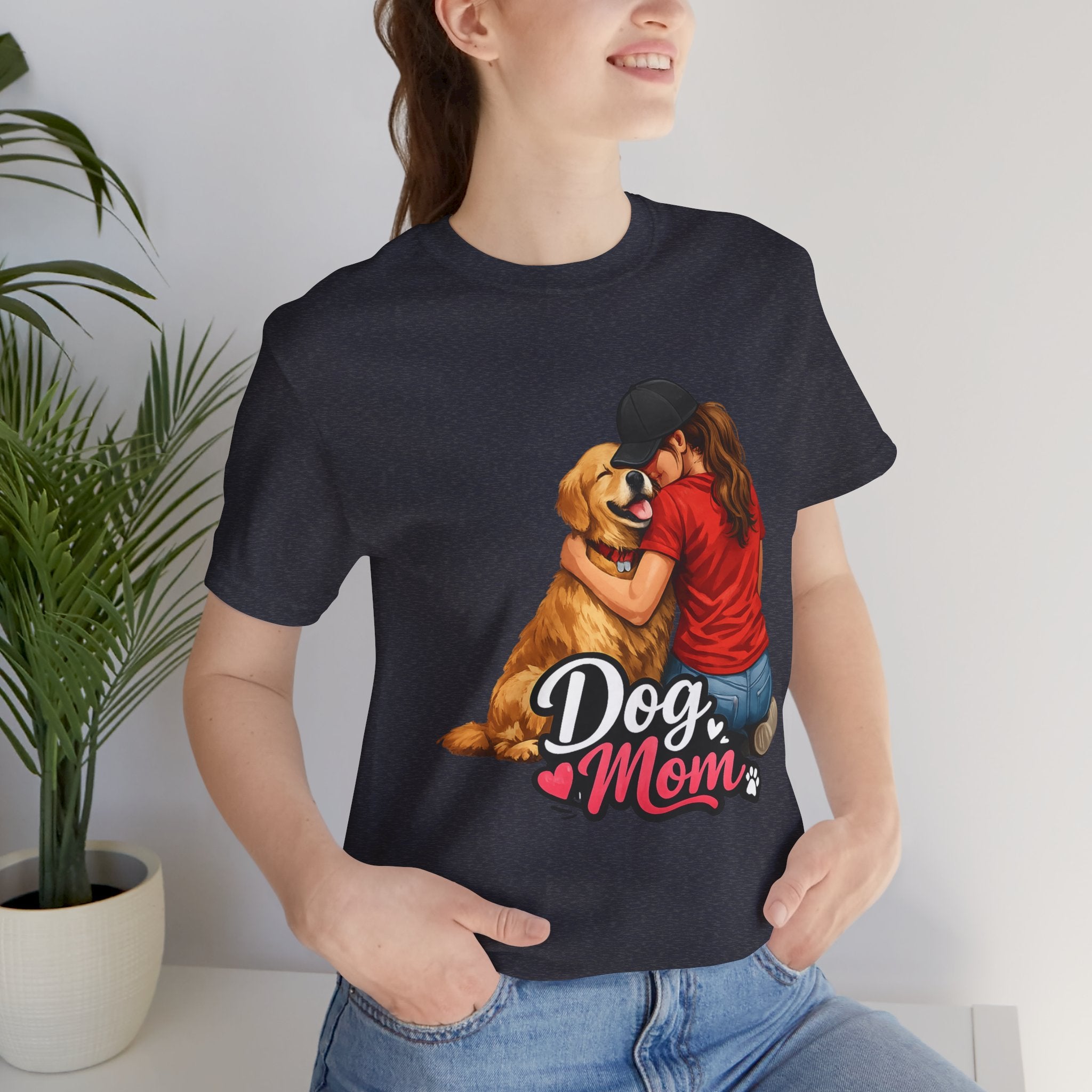 Dog Mom T-Shirt - Cute Woman Hugging Golden Retriever Tee