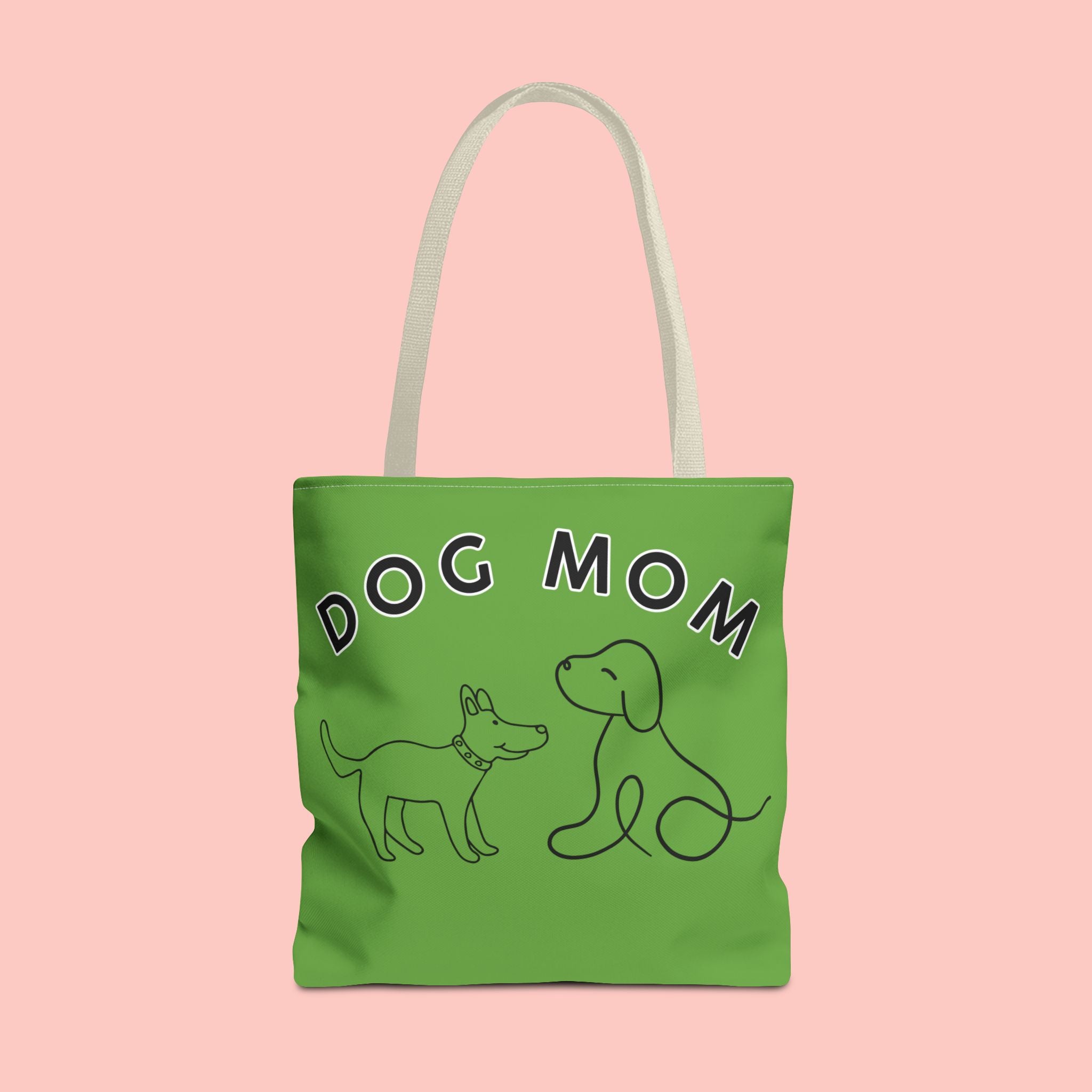 Dog Mom Tote Bag — Green All-Over-Print Cute Line-Drawing Dogs