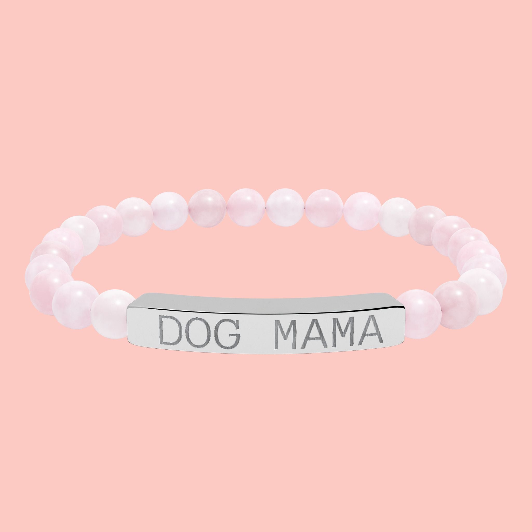 Dog Mama Natural Stone Stretch Bracelet — Engraved Bar Beaded Bracelet