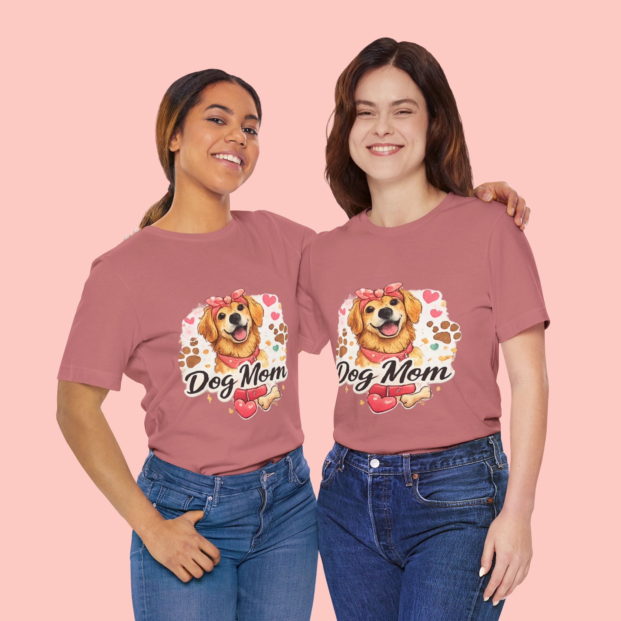Dog Mom T-Shirt – Cute Golden Retriever Design with Hearts & Paw Prints