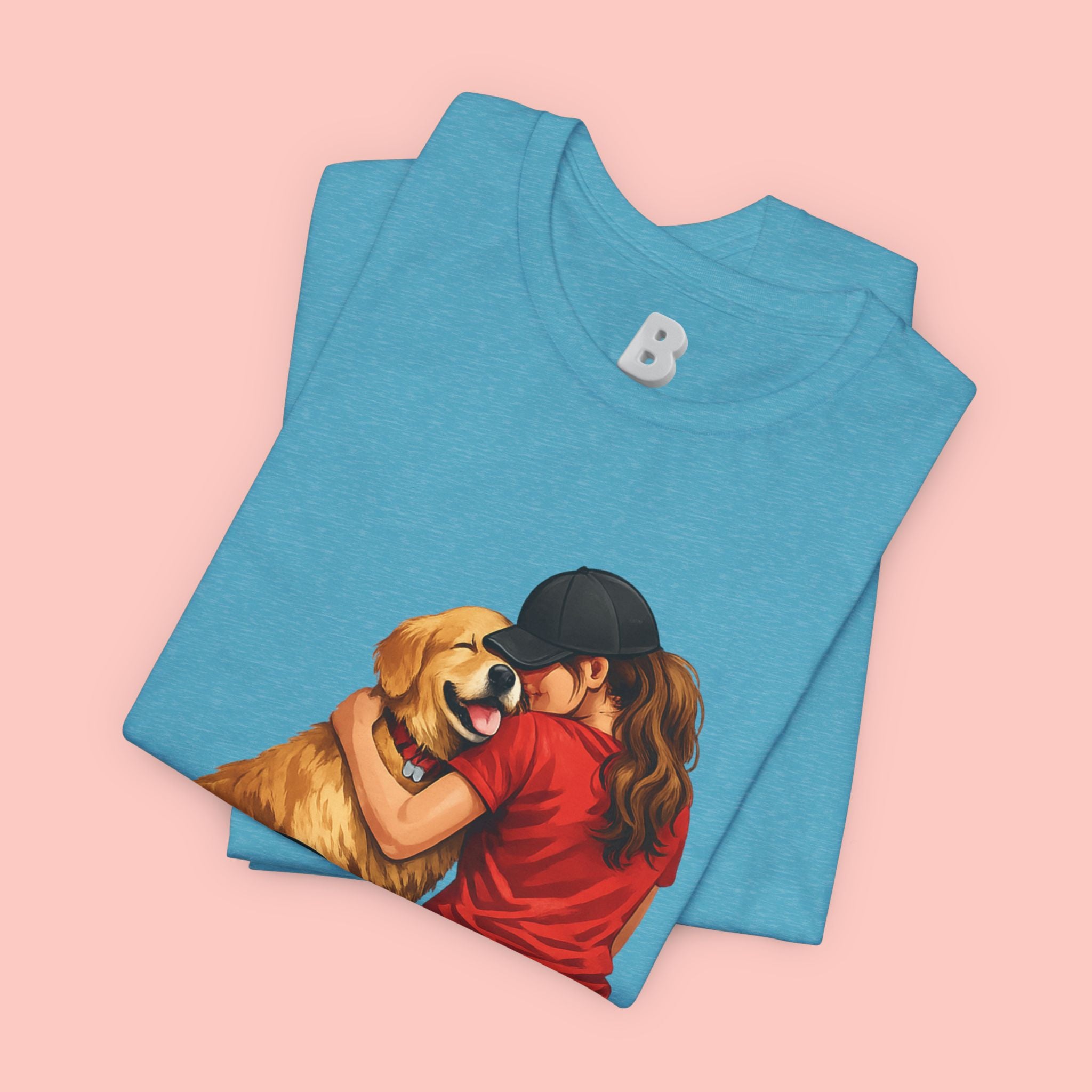 Dog Mom T-Shirt - Cute Woman Hugging Golden Retriever Tee