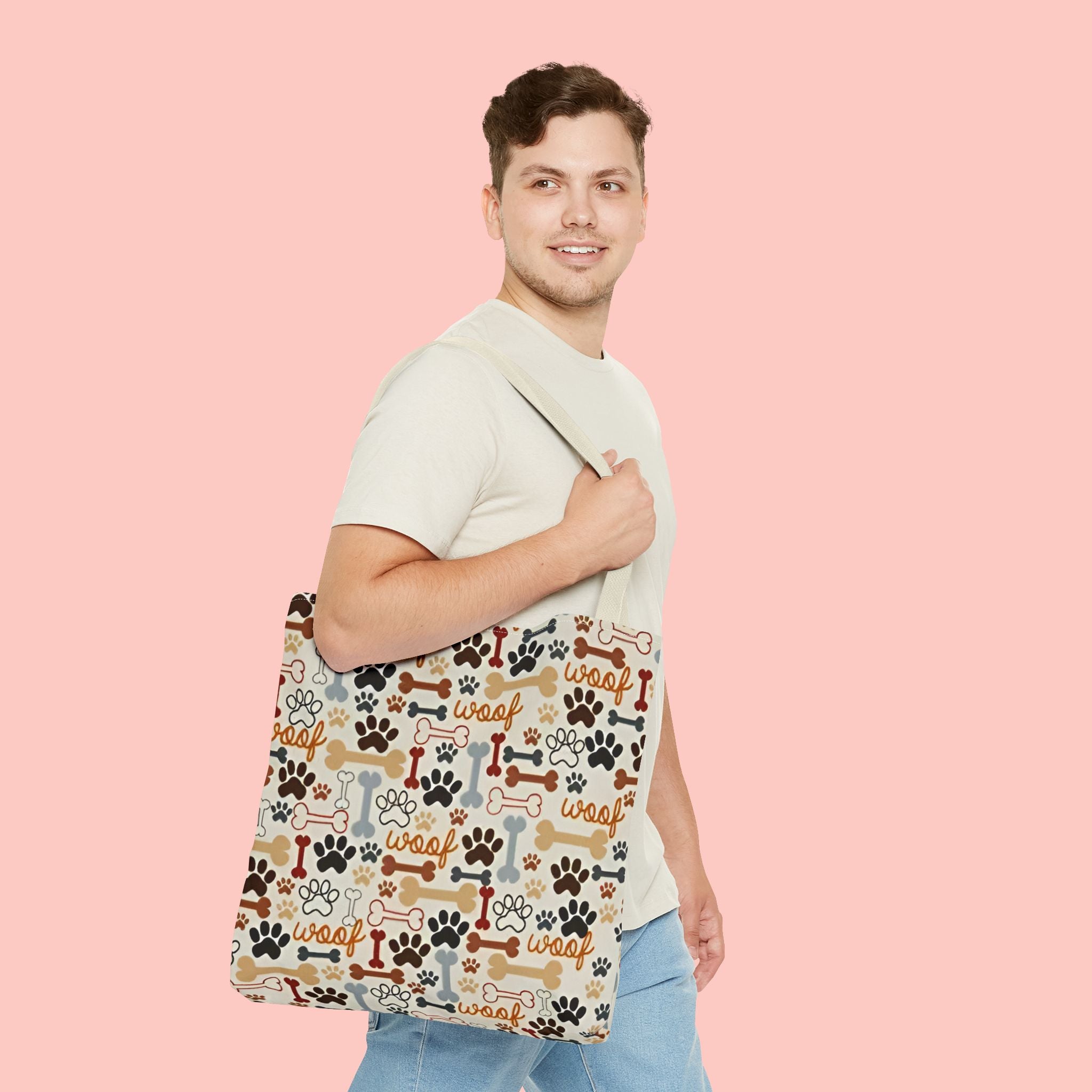 Dog Paw & Bone Pattern Tote Bag — 'Woof' All-Over Print Canvas Tote