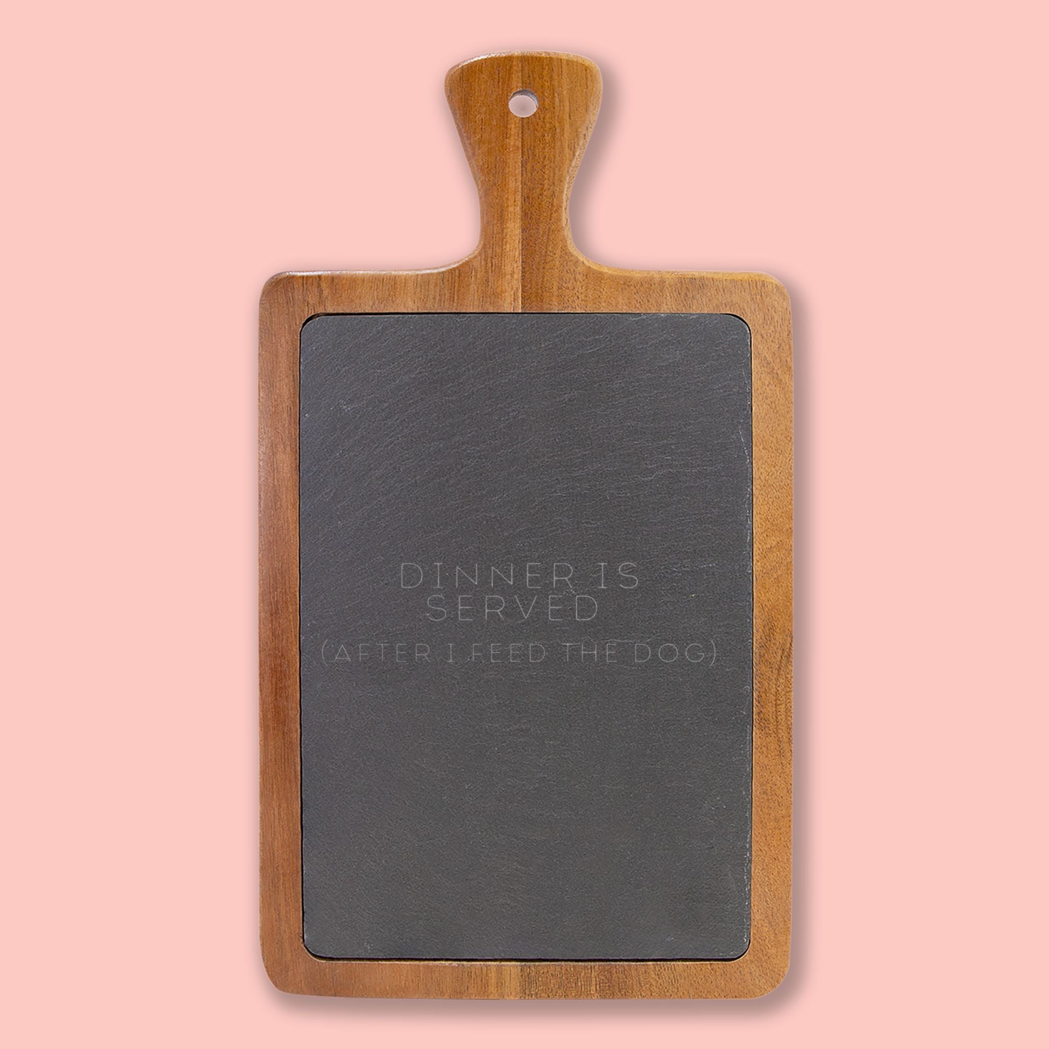 Engraved Oak Charcuterie Board with Slate Insert & Cheese Tools — "Dinner Is Served (After I Feed The Dog)"