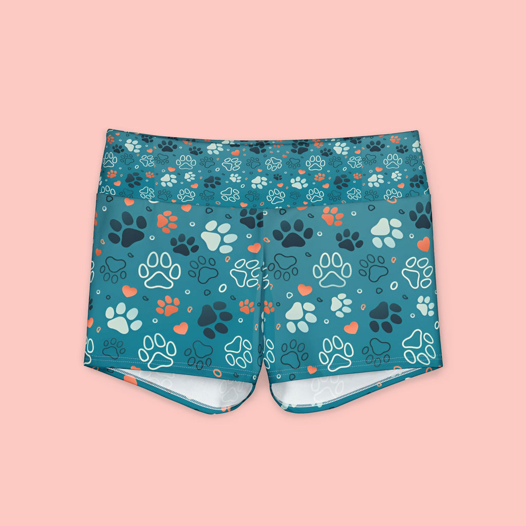 Paw Print Yoga Shorts — Women's Teal Pet Lover Activewear