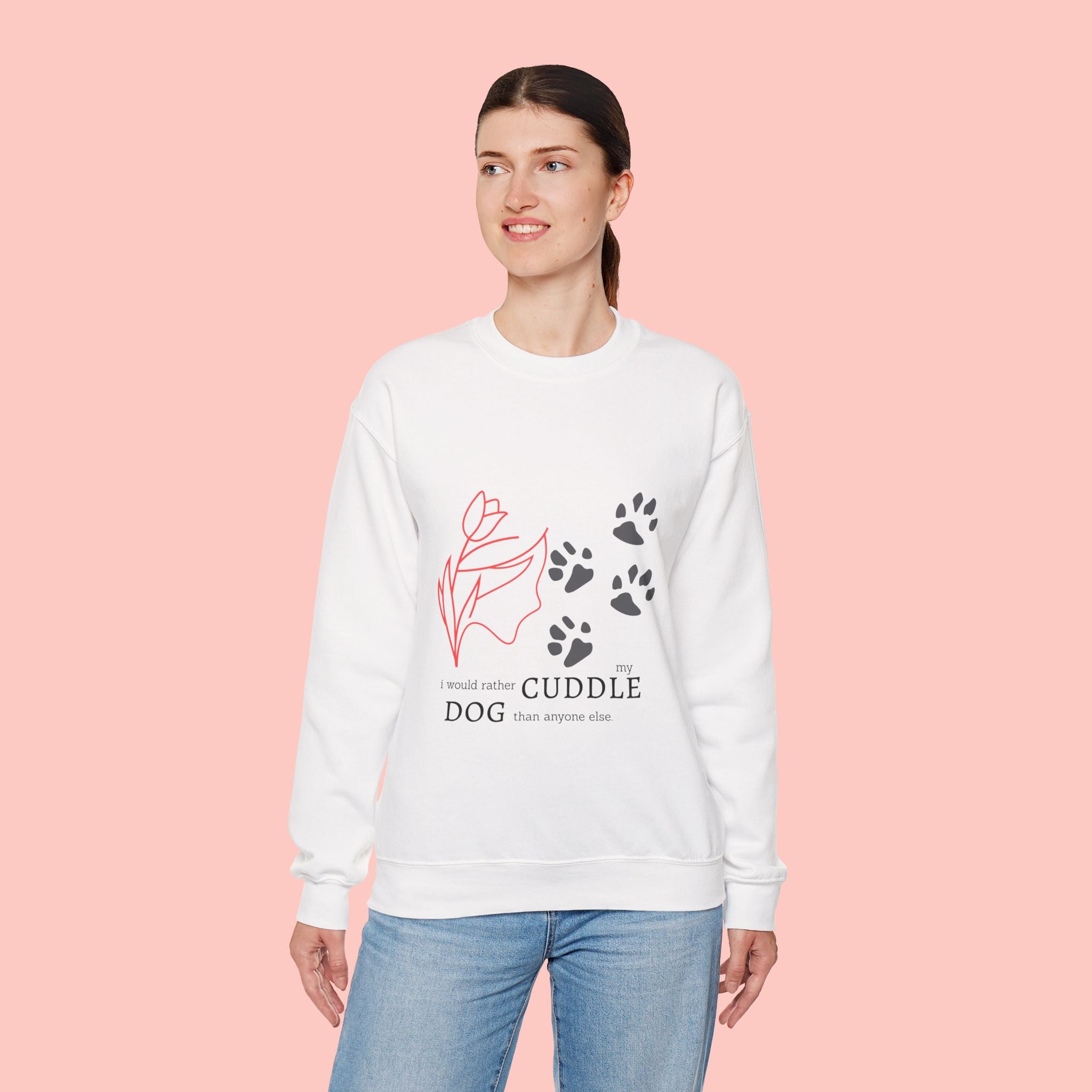 Dog Cuddle Crewneck Sweatshirt – Paw Print & Floral Cozy Pullover