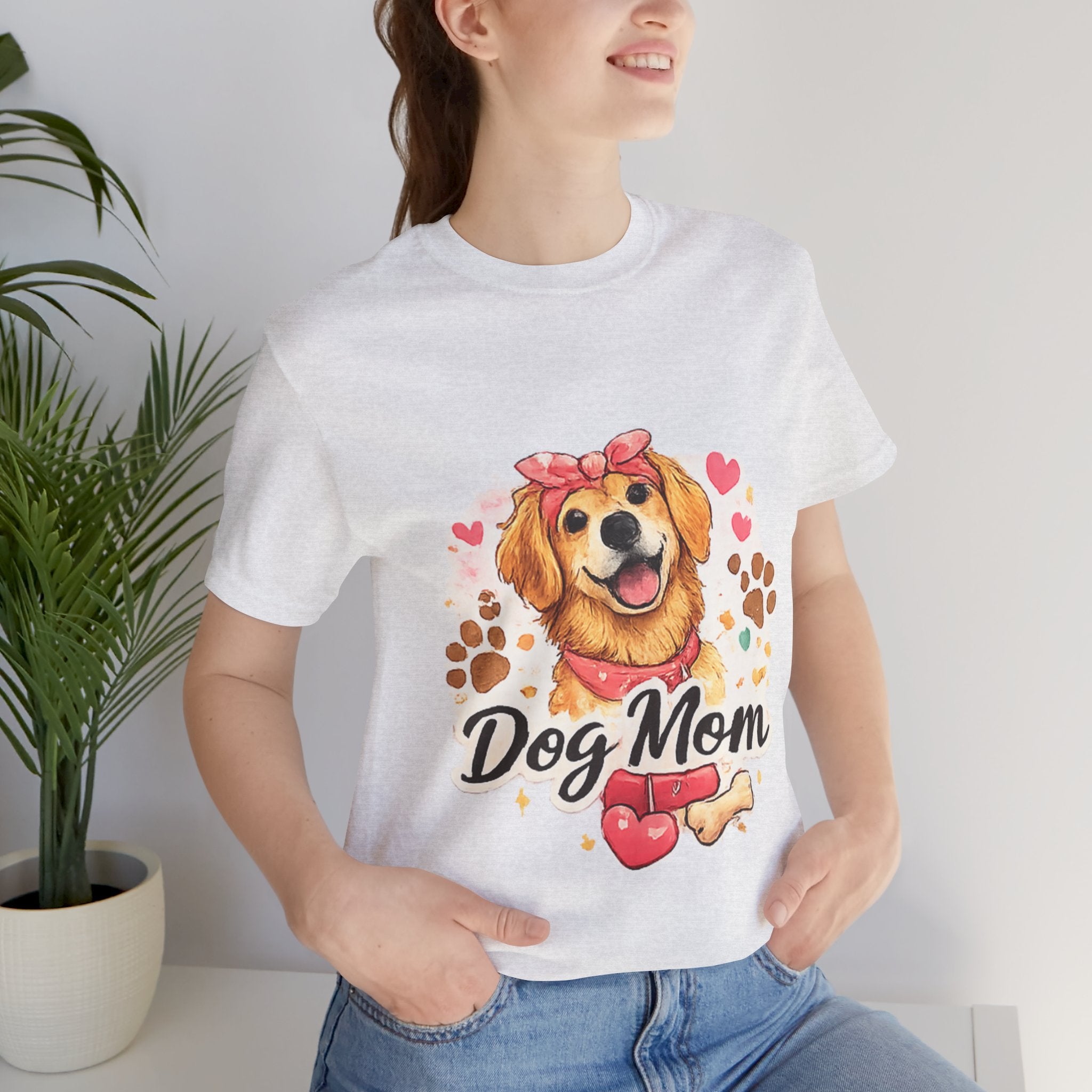 Dog Mom T-Shirt – Cute Golden Retriever Design with Hearts & Paw Prints