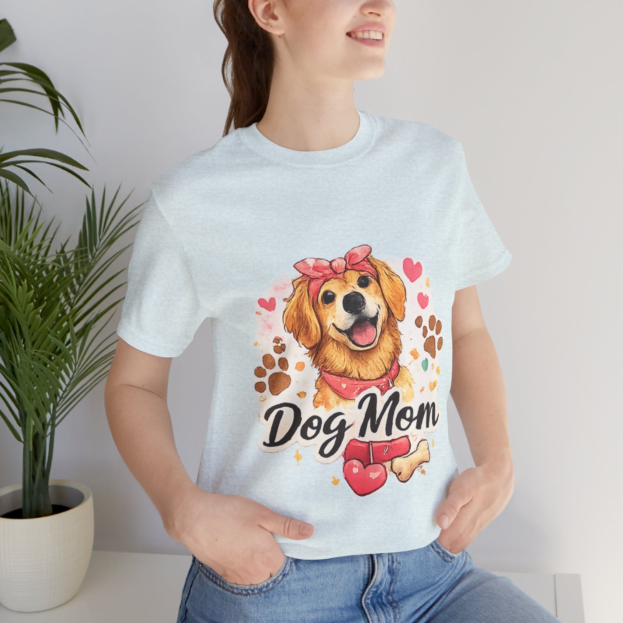 Dog Mom T-Shirt – Cute Golden Retriever Design with Hearts & Paw Prints