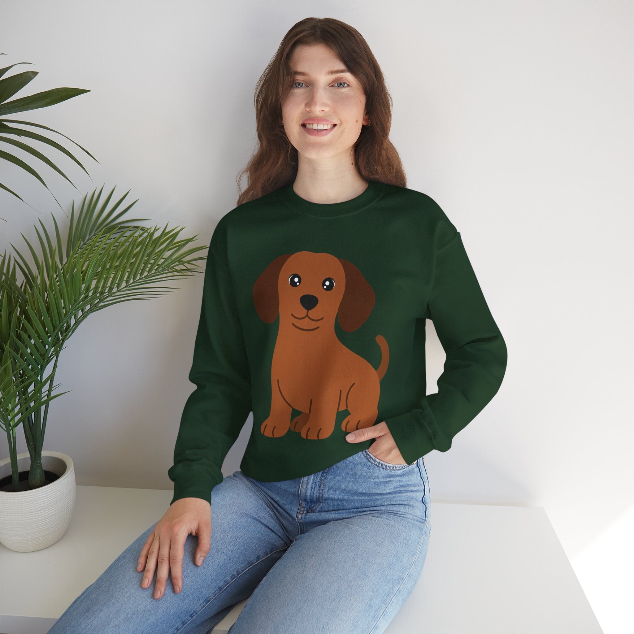 Cute Brown Puppy Sweatshirt — Cartoon Dachshund Crewneck for Dog Lovers