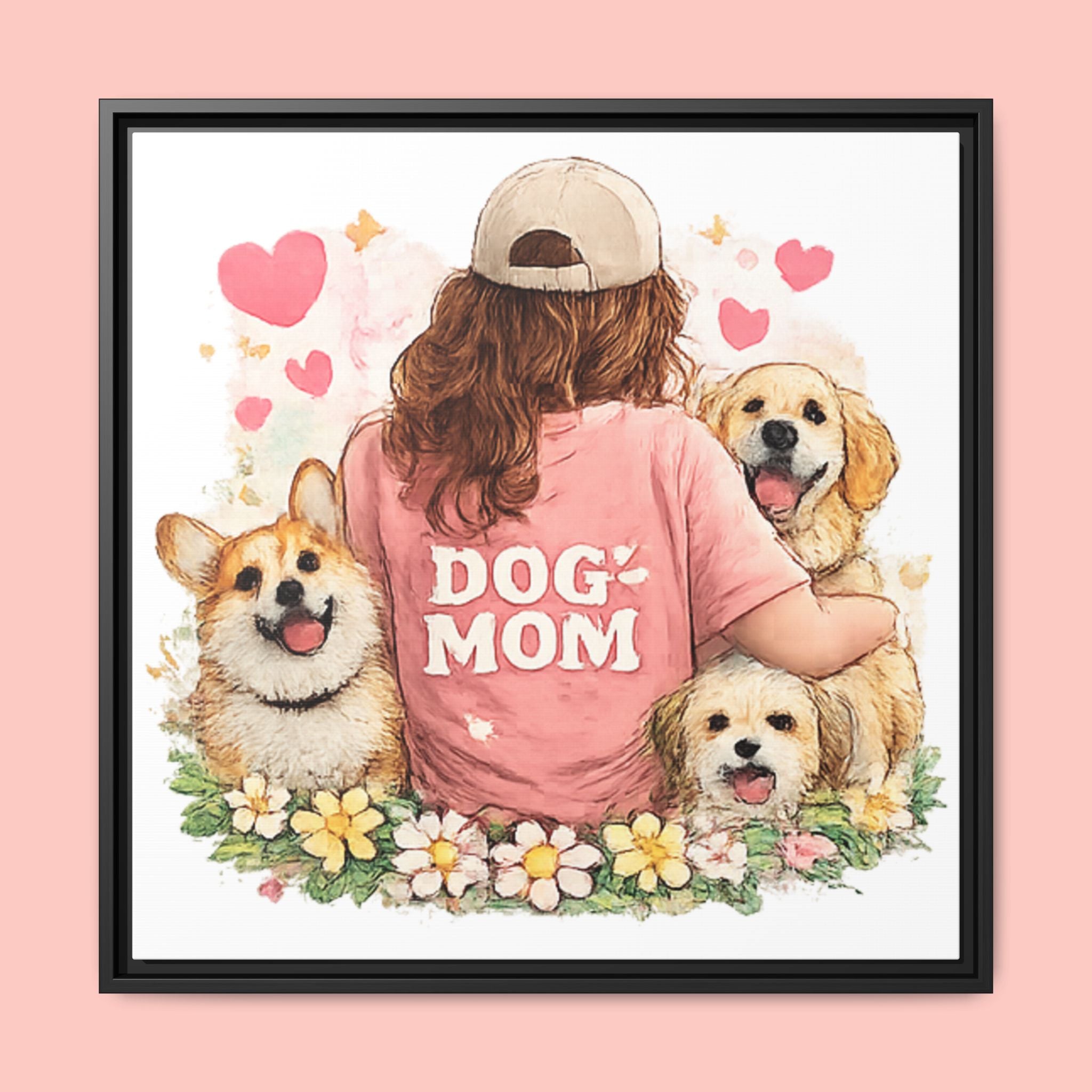 Dog Mom Canvas Print — Framed Matte Wall Art with Cute Dogs & Hearts