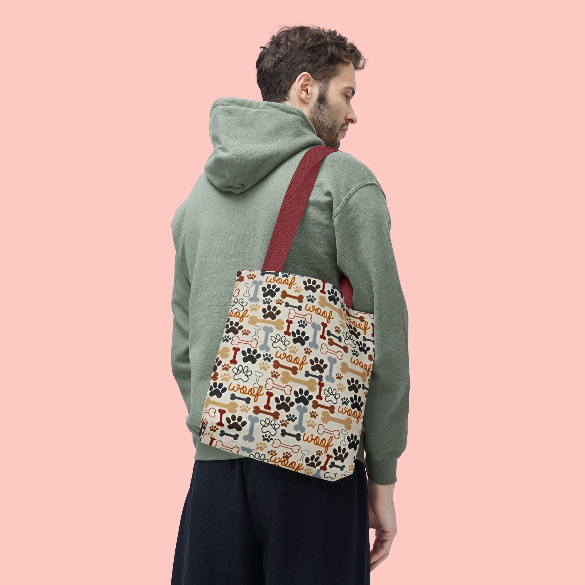 Dog Paw & Bone Pattern Tote Bag — 'Woof' All-Over Print Canvas Tote