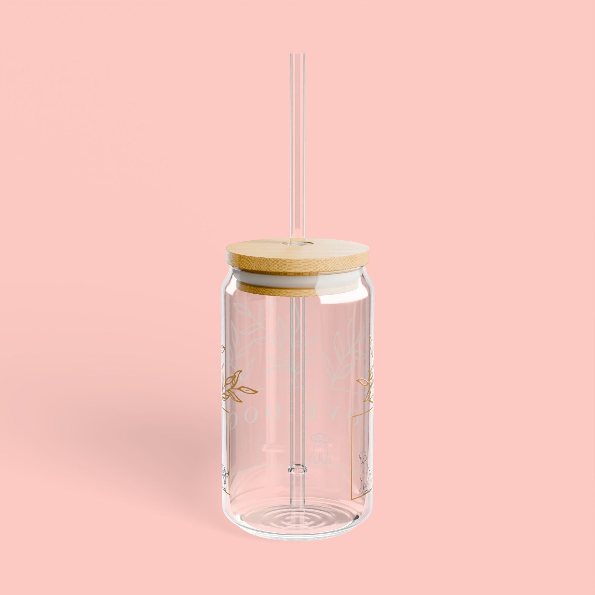 16oz Glass Sipper Tumbler — “Love Dogs” Botanical Design with Bamboo Lid & Straw
