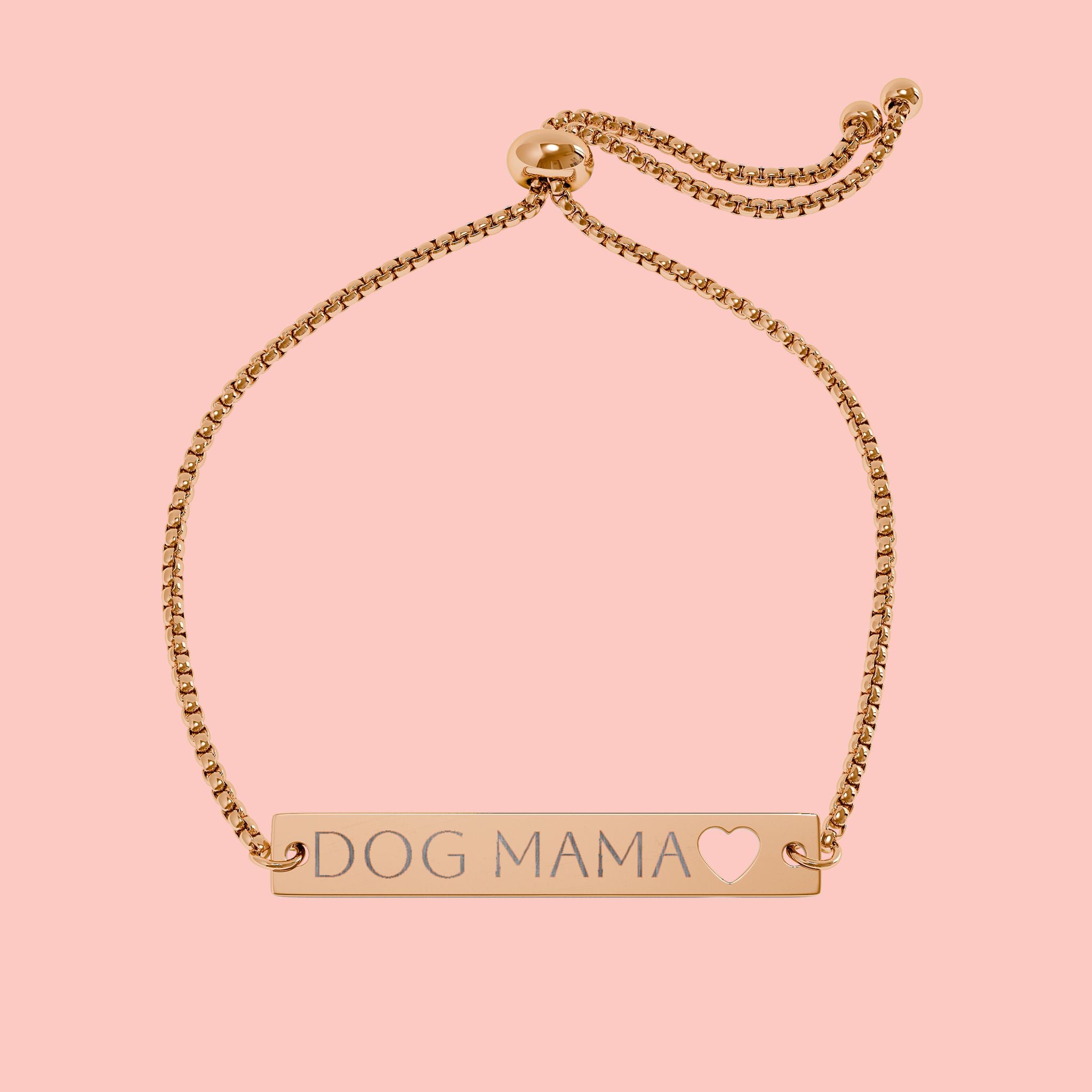 Engravable Heart Bar Bracelet — "DOG MAMA" Adjustable Gold Plate