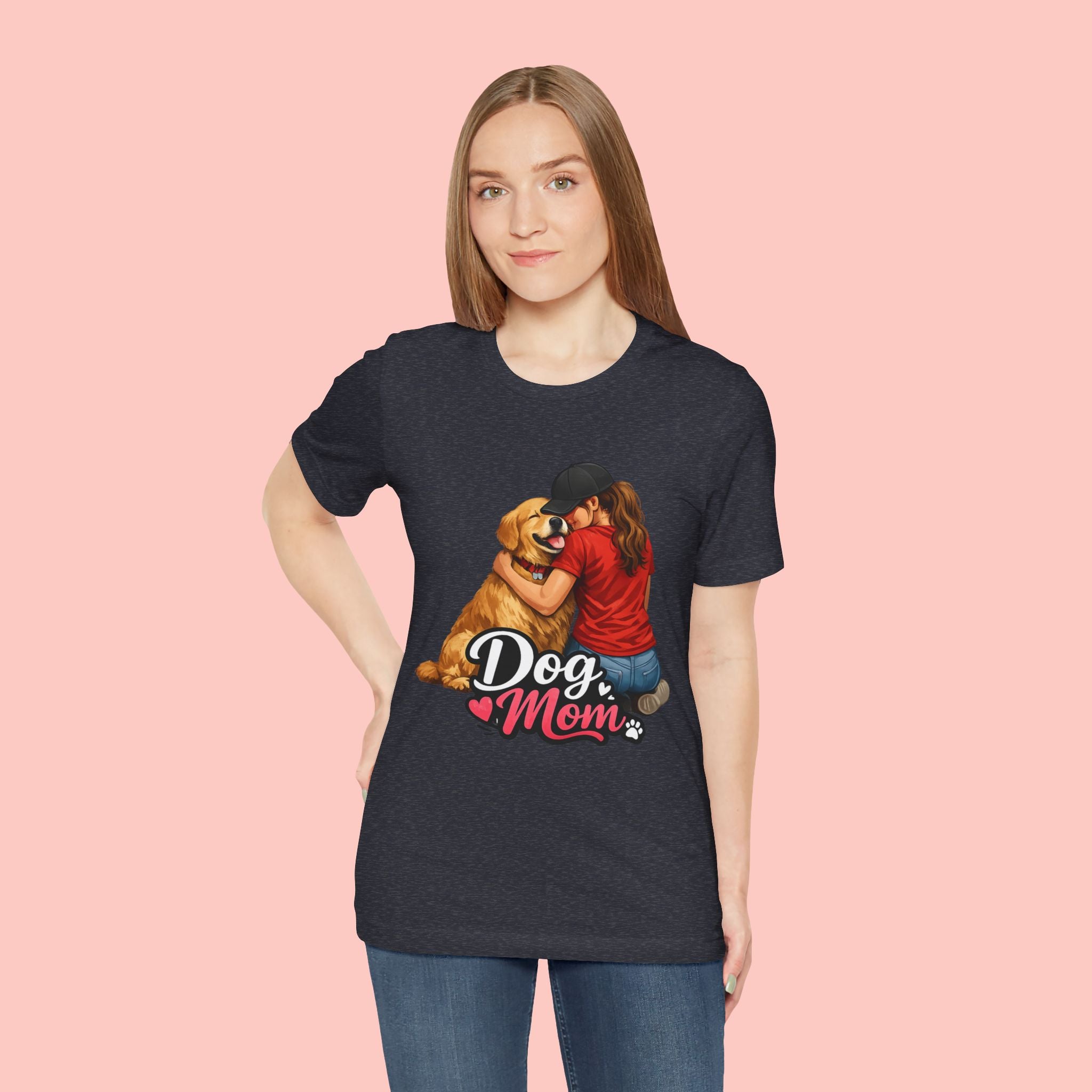 Dog Mom T-Shirt - Cute Woman Hugging Golden Retriever Tee