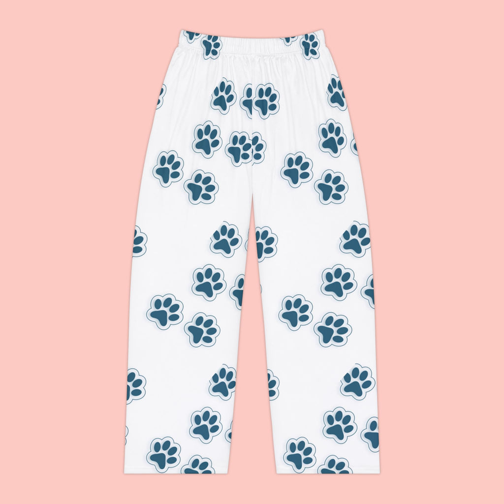 Paw Print Women's Pajama Pants — Cozy White Lounge Pants with Blue Dog/Cat Paw Pattern