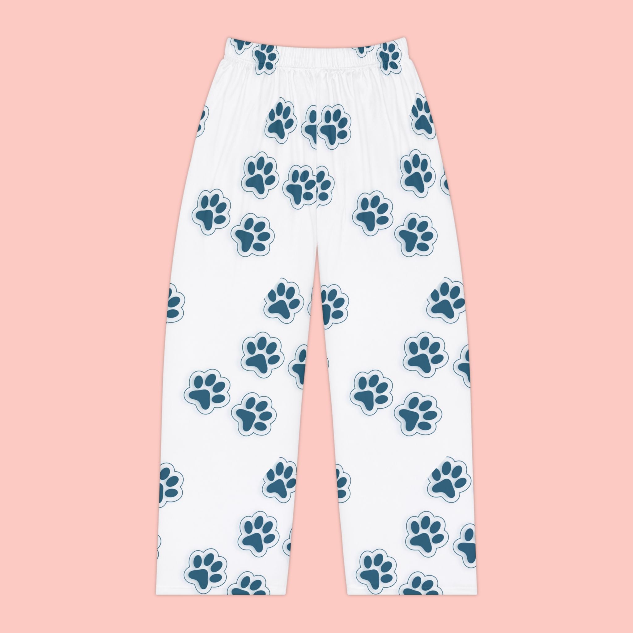 Paw Print Women's Pajama Pants — Cozy White Lounge Pants with Blue Dog/Cat Paw Pattern