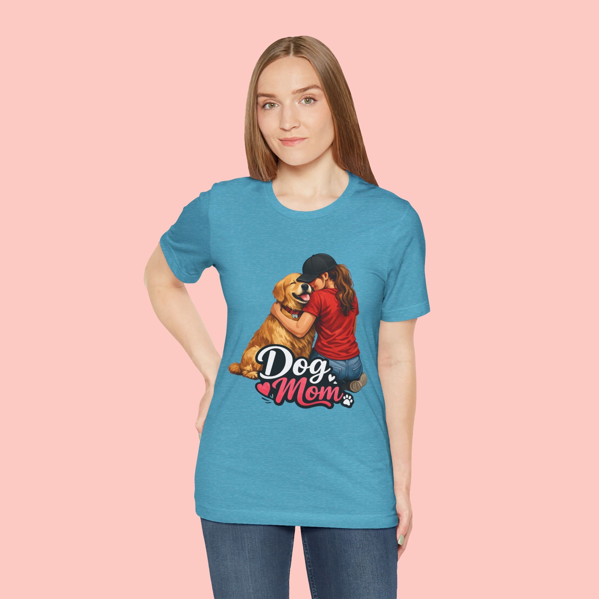 Dog Mom T-Shirt - Cute Woman Hugging Golden Retriever Tee