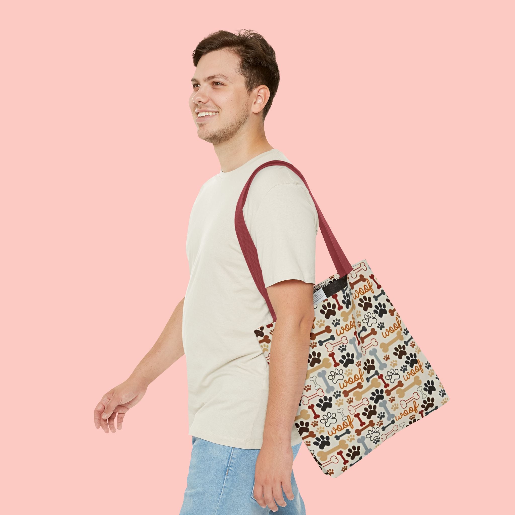 Dog Paw & Bone Pattern Tote Bag — 'Woof' All-Over Print Canvas Tote